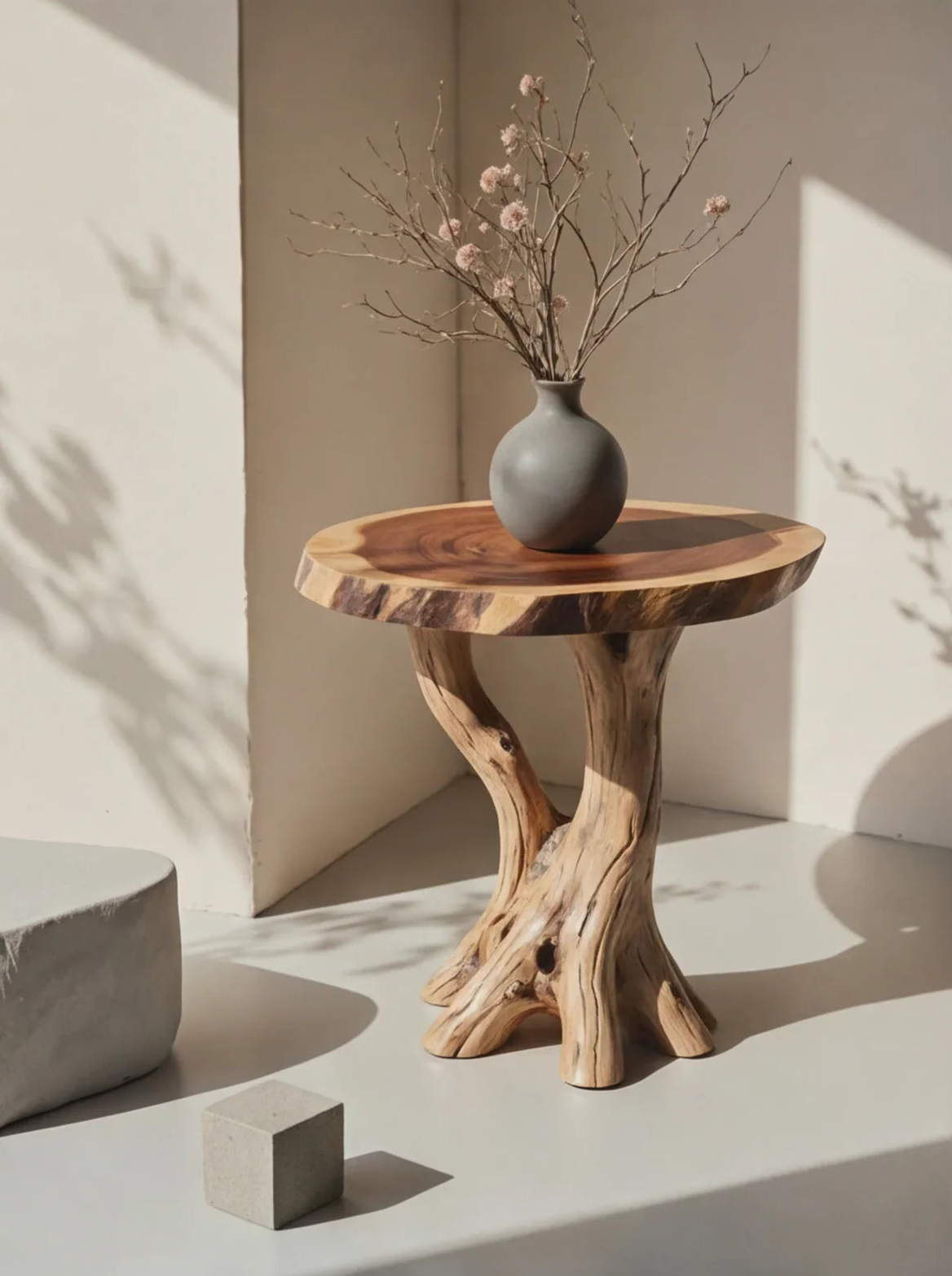 Live edge solid wood side table with natural tree base and ceramic vase in sunlit room