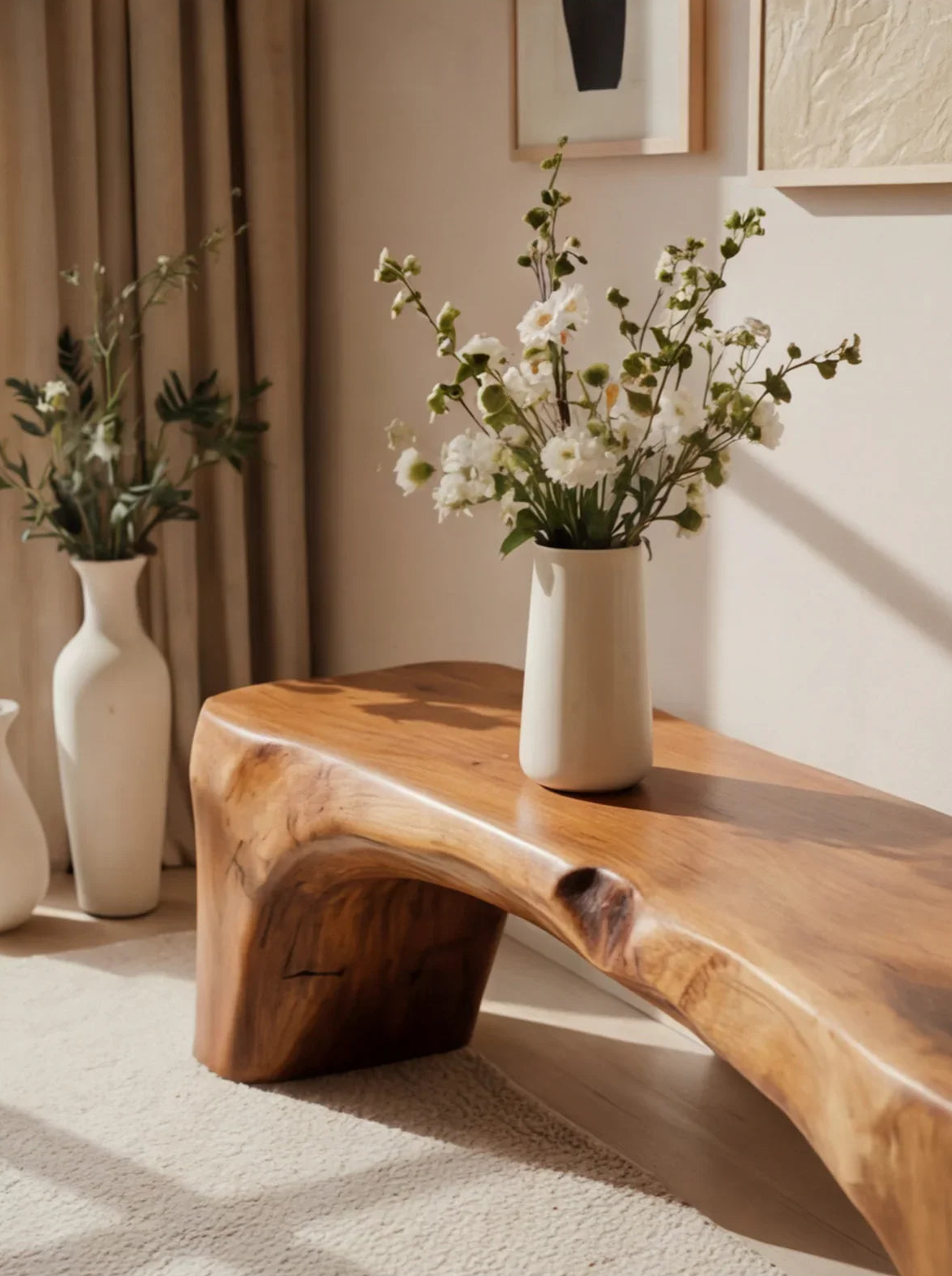 Live edge solid wood bench with white ceramic vase and flowers in a modern, sunlit room