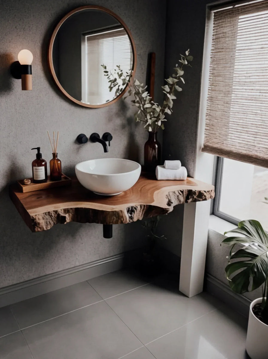 Handcrafted solid wood floating bathroom vanity with live edge shelf by Ashdeco