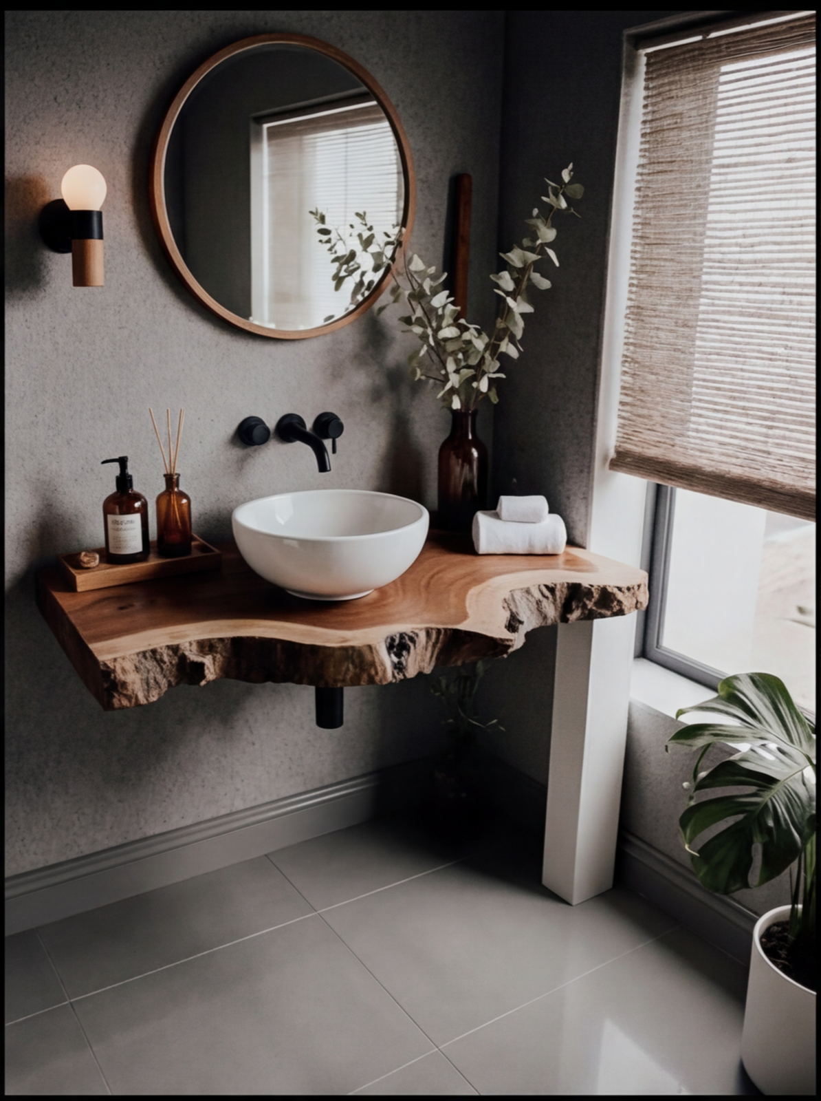 Live edge solid wood bathroom vanity with vessel sink, round mirror, and minimalist decor