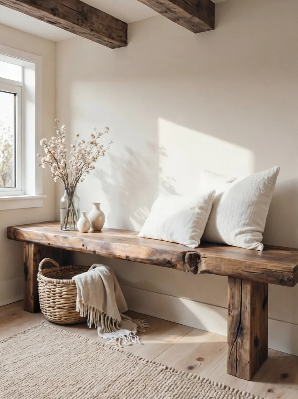 Live edge solid wood bench with throw pillows, vases, and a woven basket in a bright, minimalist room