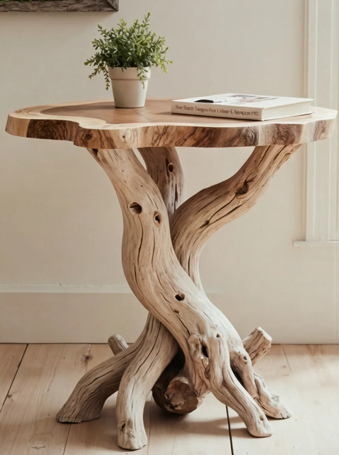 Live edge solid wood side table with natural twisted tree branch legs, potted plant, and book on top