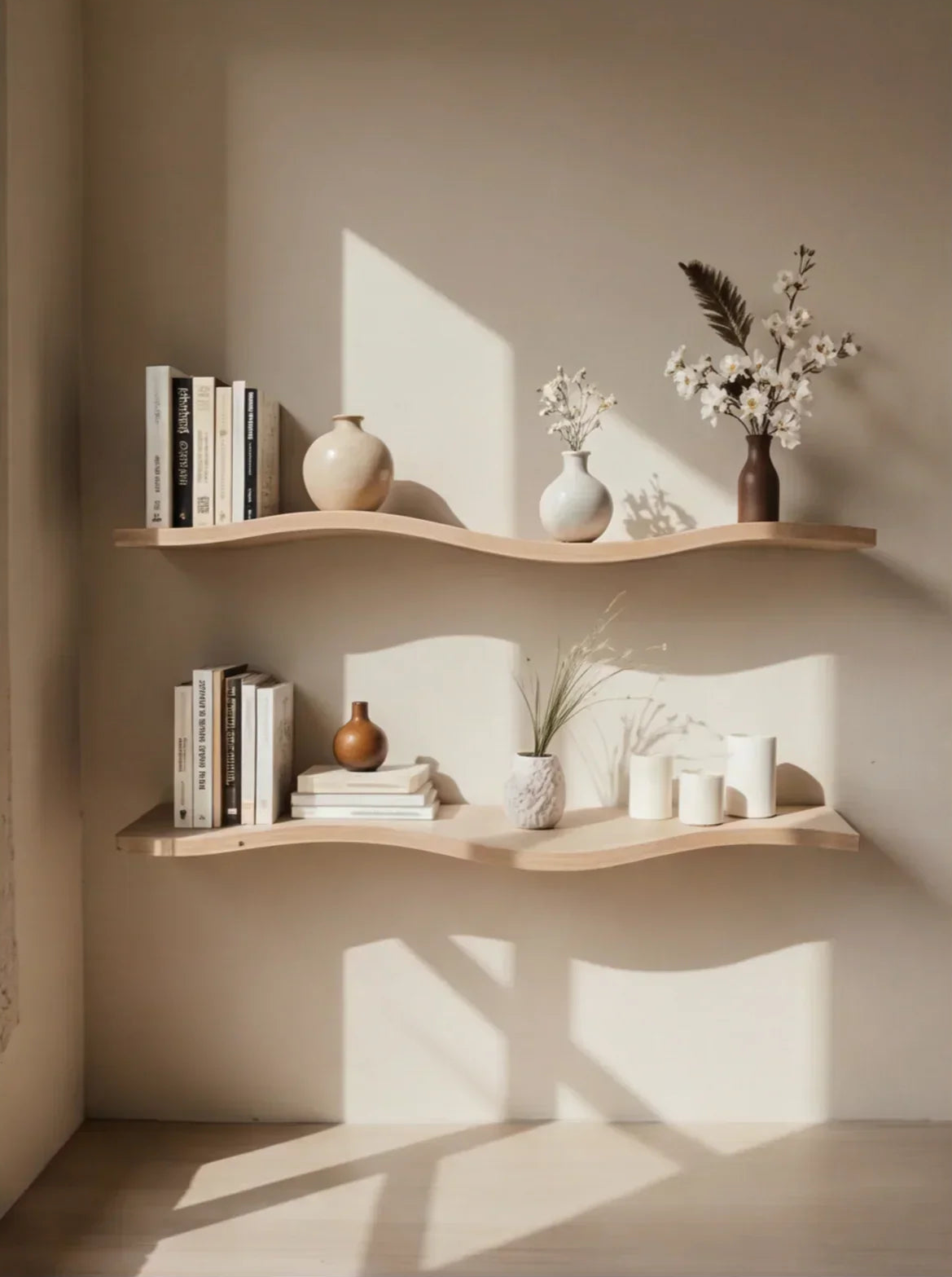 Minimalist floating wood shelves with books, vases, and dried flowers in natural sunlight