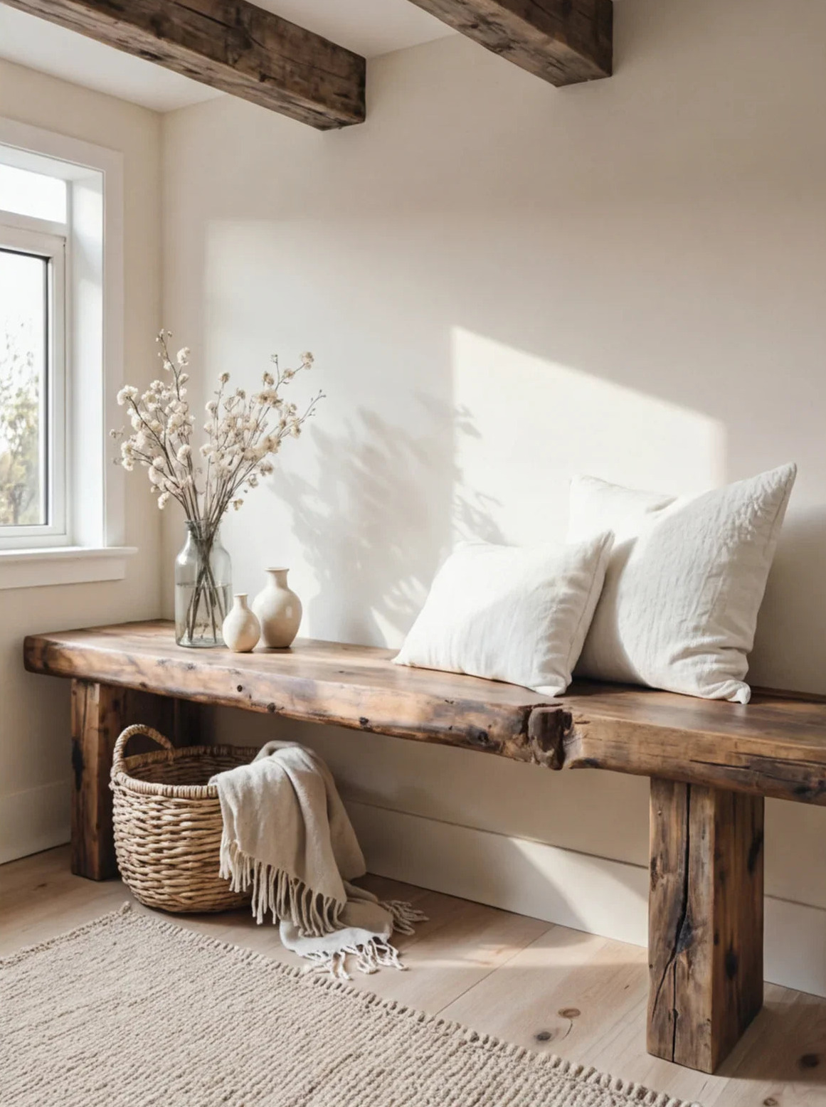 Live edge solid wood bench with throw pillows, vases, basket, and blanket in a sunlit room
