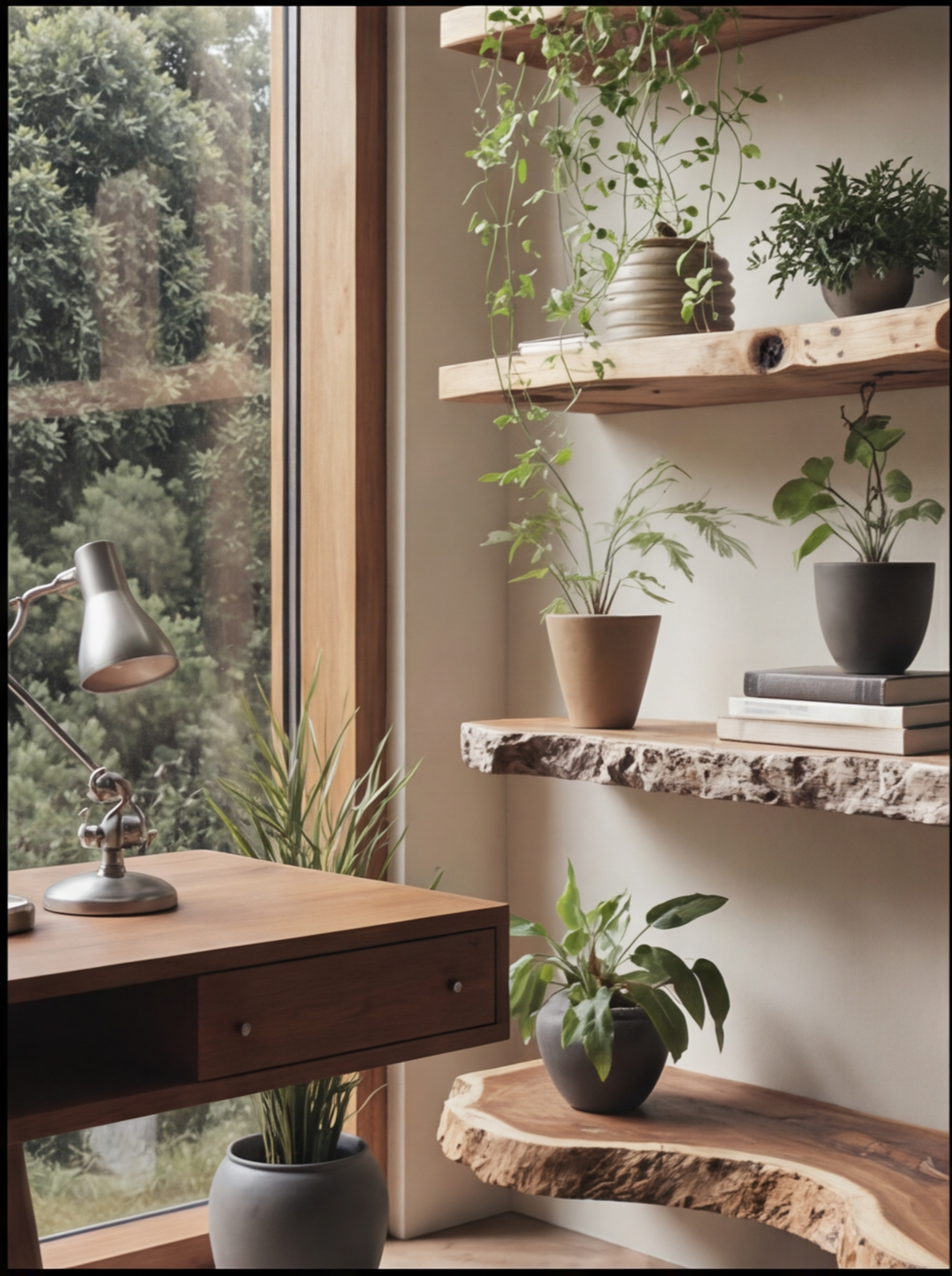 Solid wood live edge floating shelves with potted plants beside a wooden desk near window