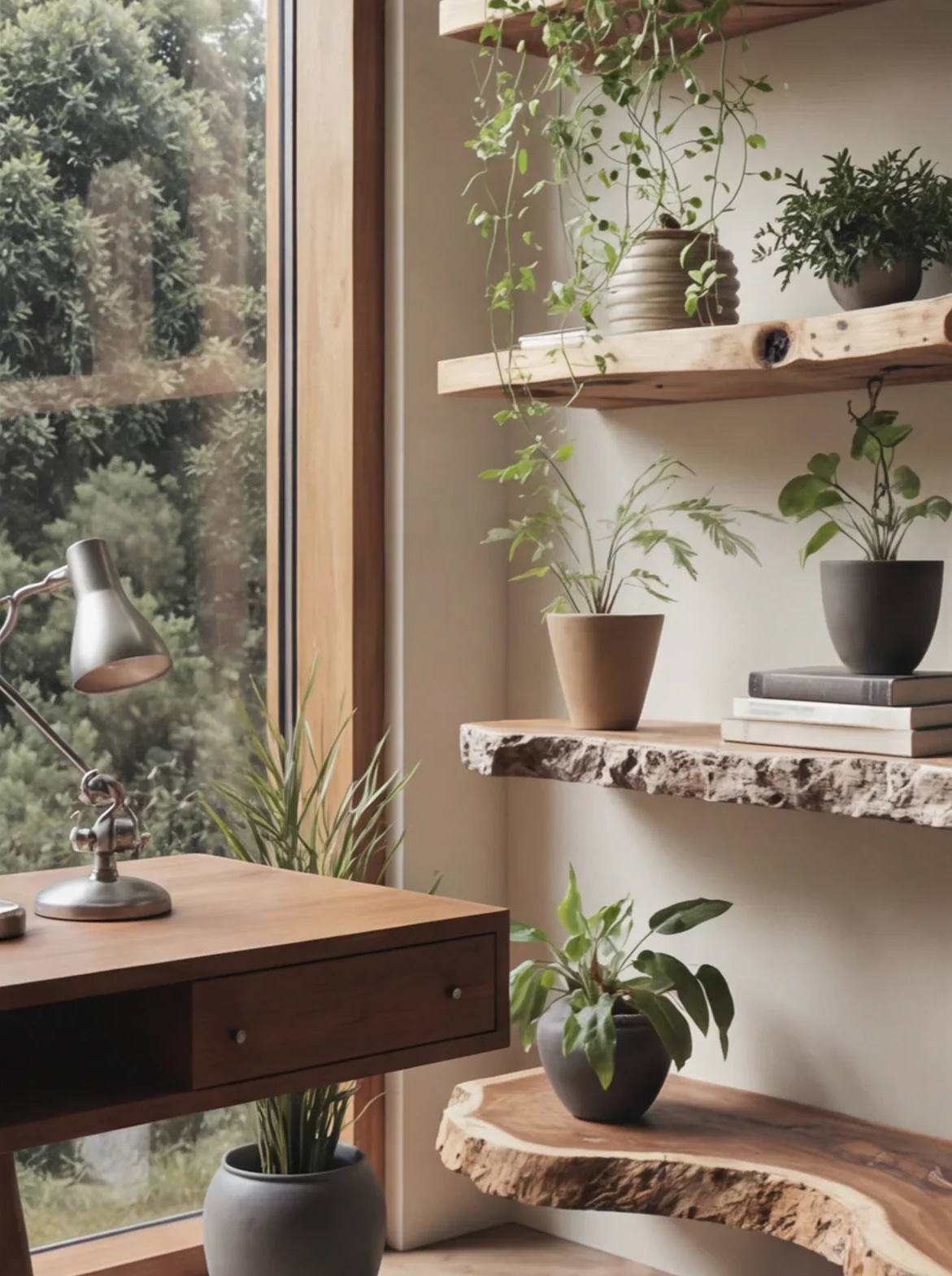 Solid wood live edge floating shelves with potted plants beside a wooden desk near window