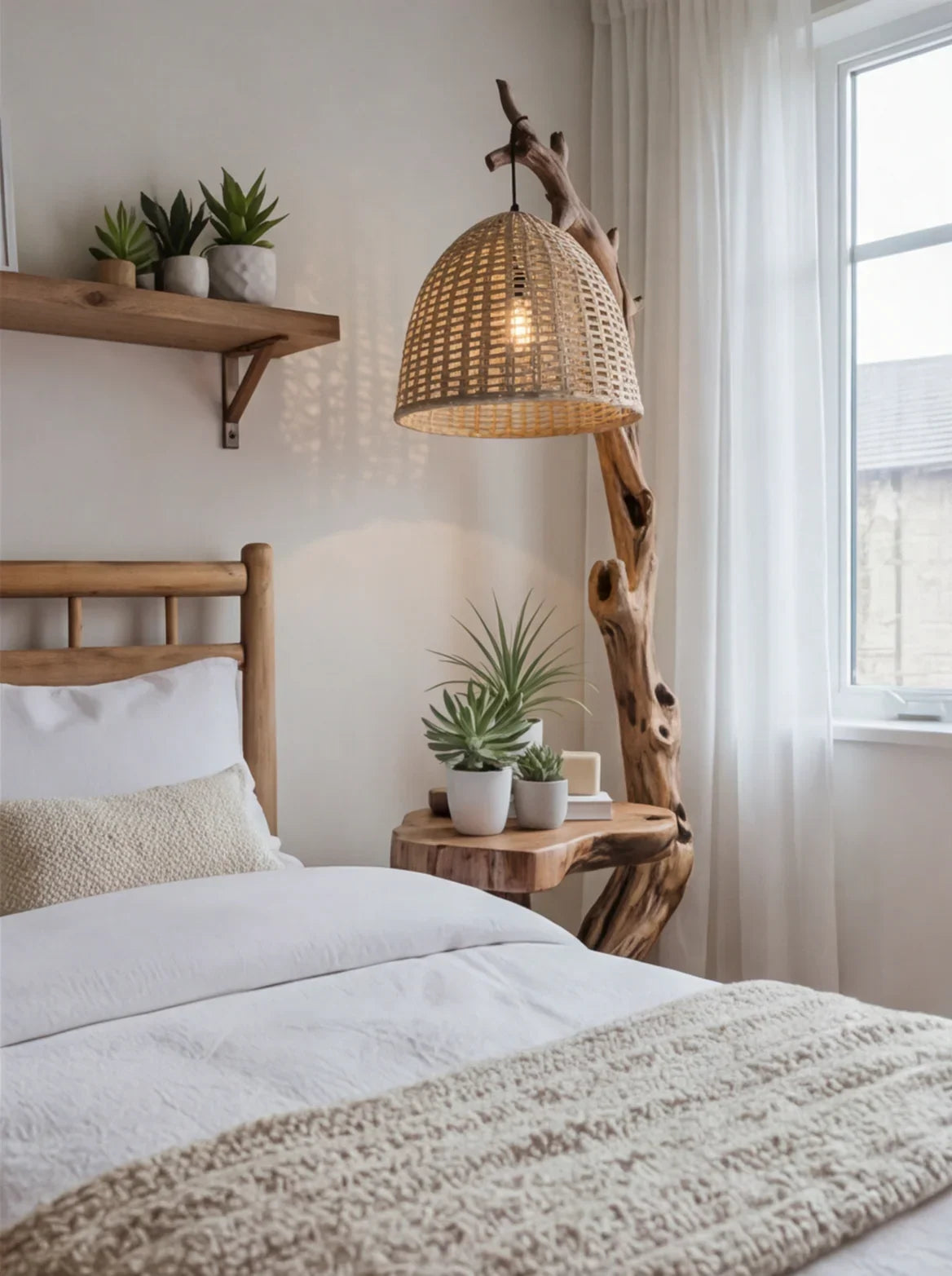 Solid wood live edge bedside table with potted plants, woven pendant lamp, and cozy bedroom setting