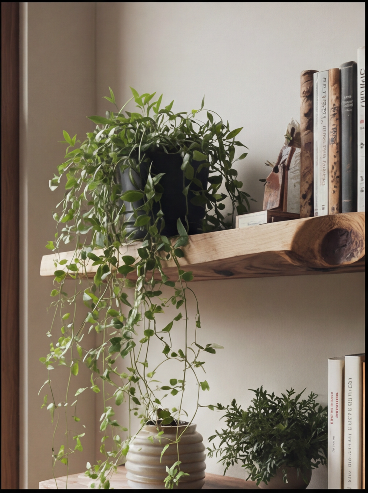 Floating live edge wood shelf with potted plants and books, modern natural decor