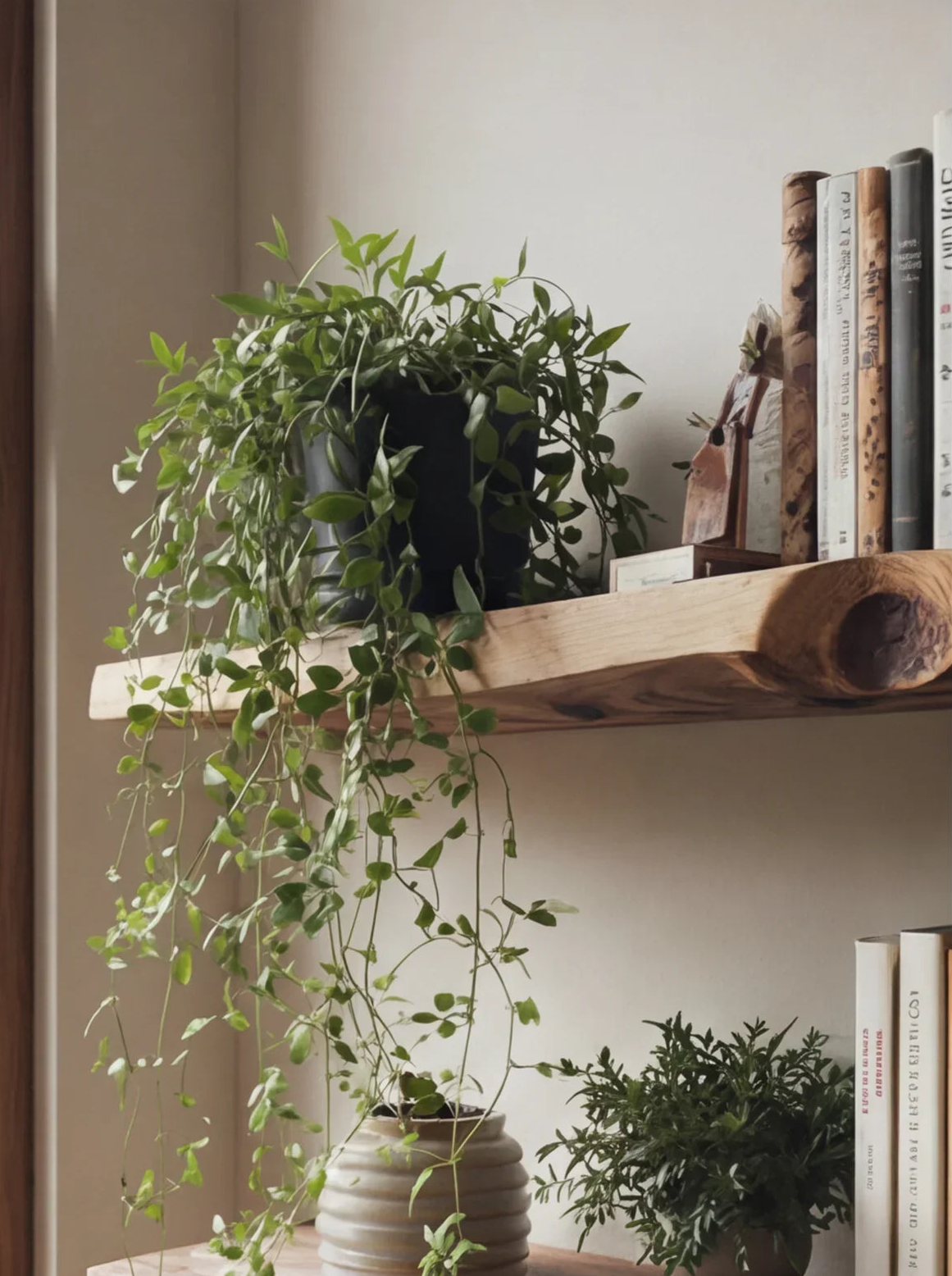 Floating live edge wood shelf with potted plants and books, modern natural decor