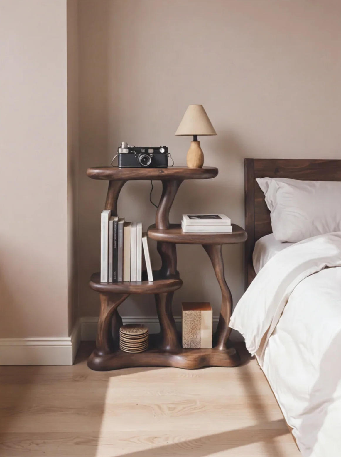 Solid wood live edge nightstand with books, lamp, and camera by a bed