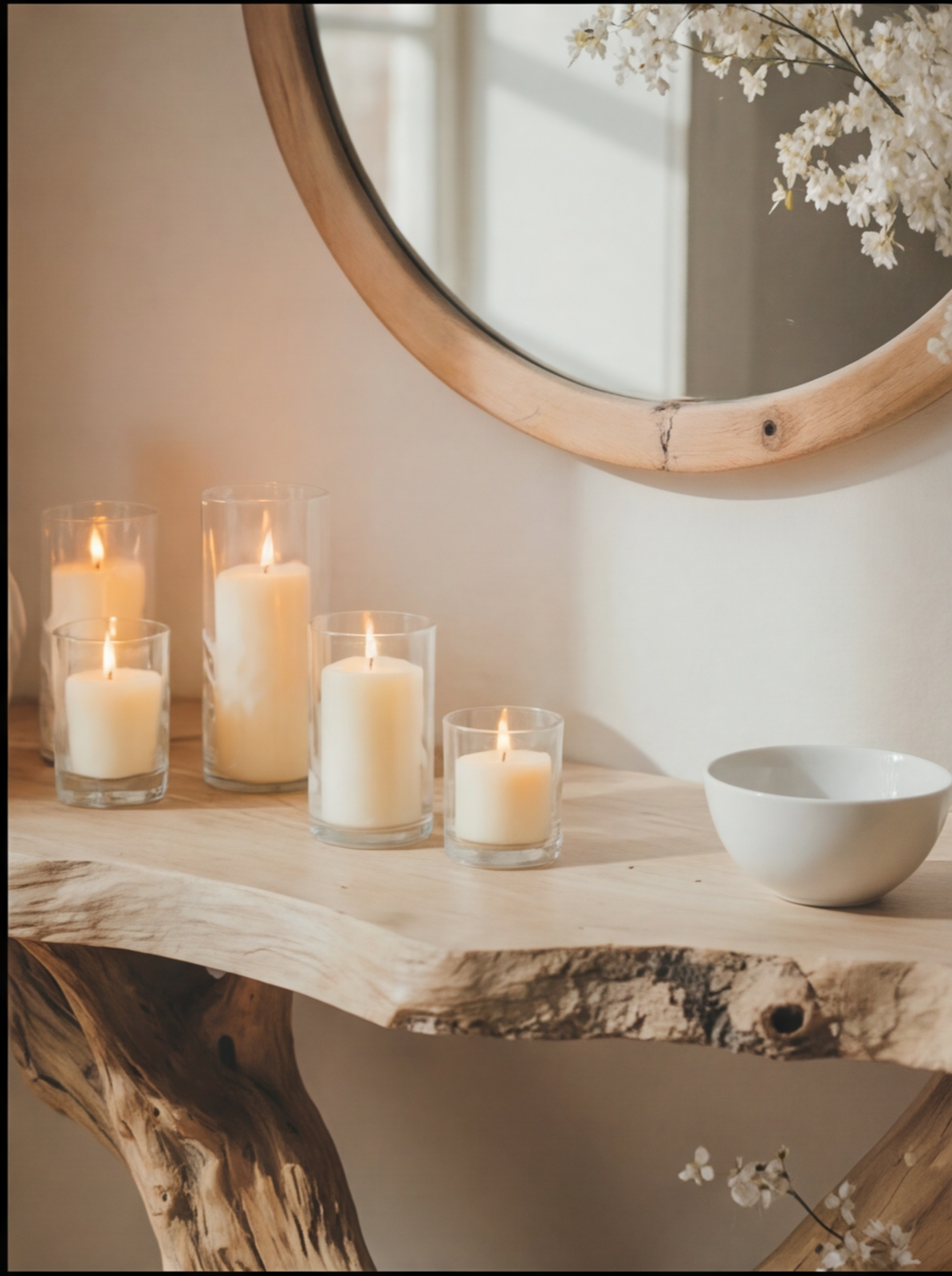Live edge wood console table with pillar candles, white bowl, and round mirror decor