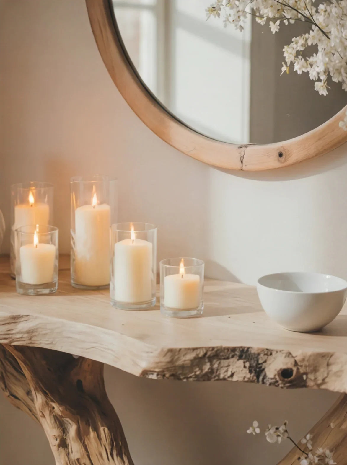 Live edge wood console table with pillar candles, white bowl, and round mirror decor