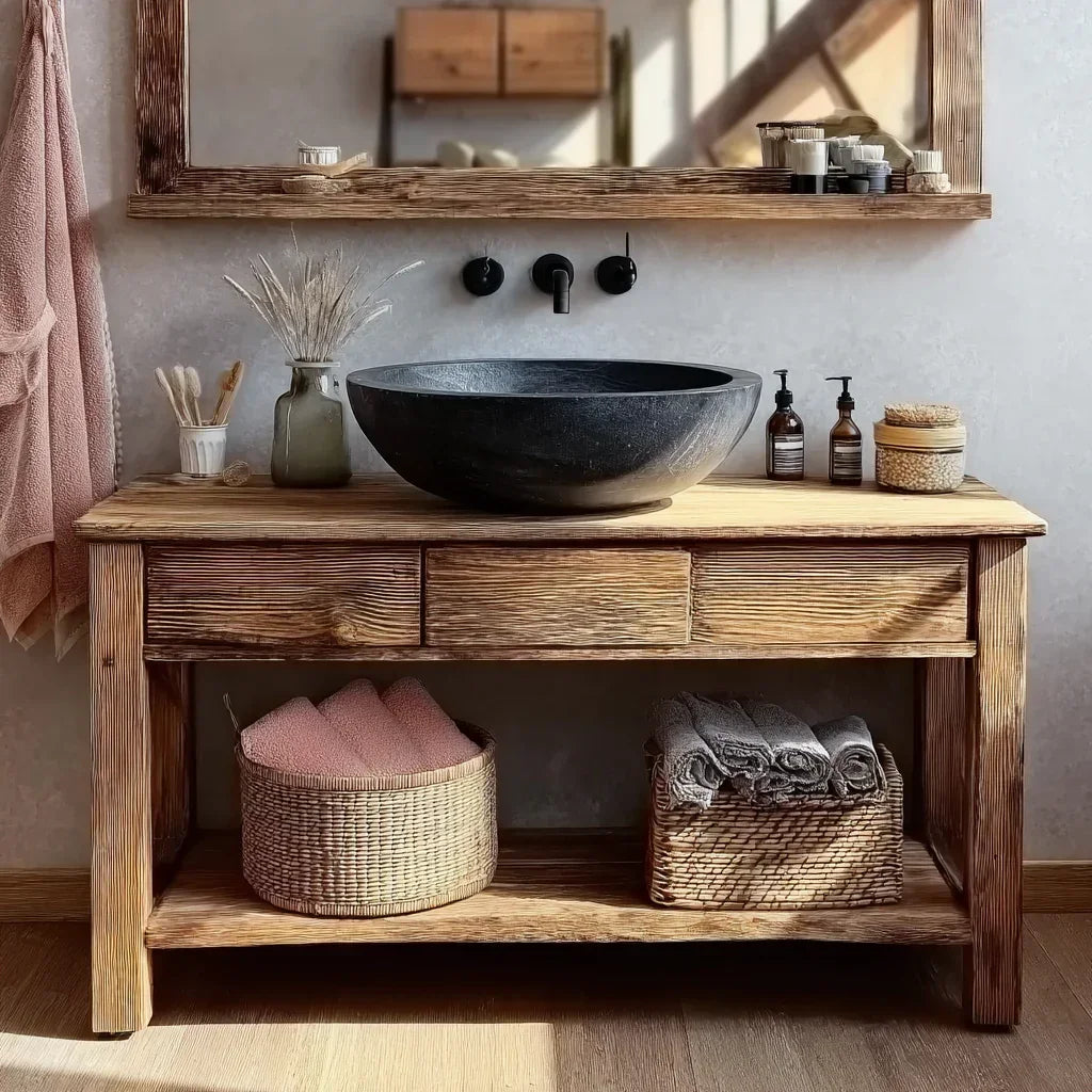 Solid wood bathroom vanity with live edge design, stone vessel sink, and natural decor.