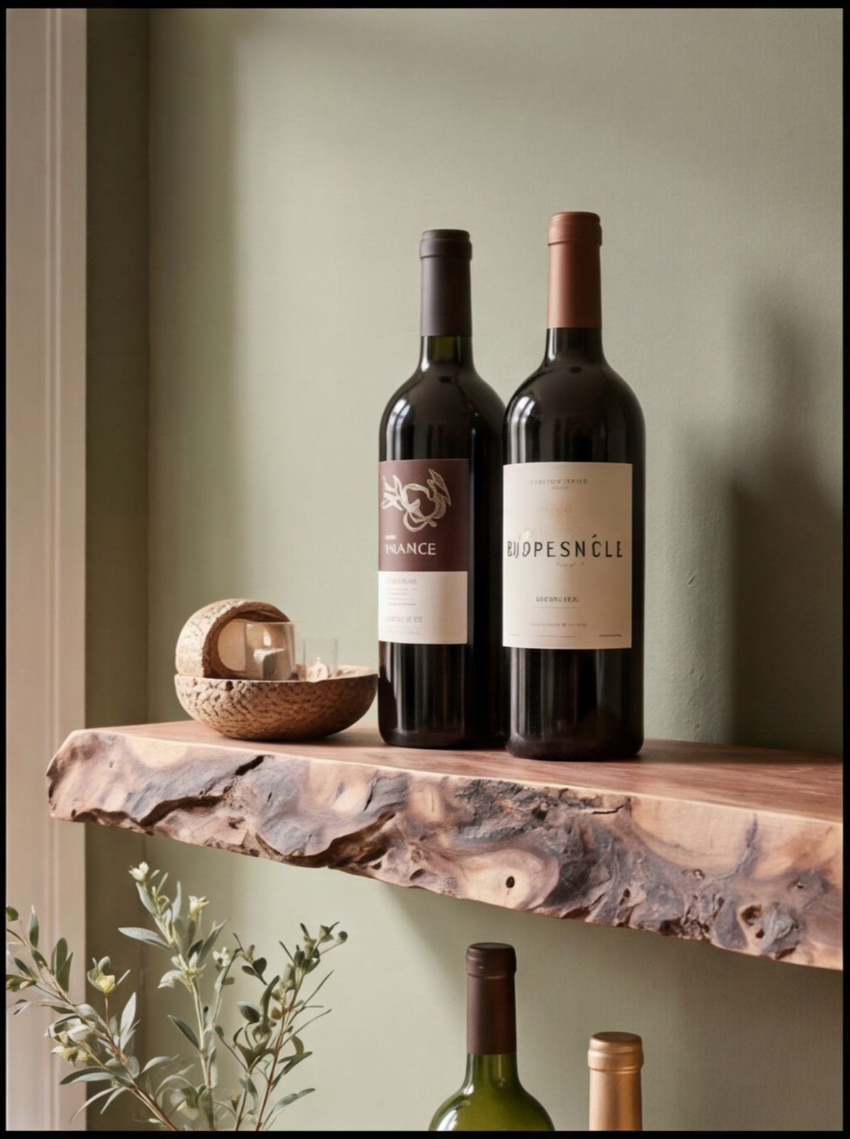Live edge floating wood shelf with wine bottles and decor against a green wall