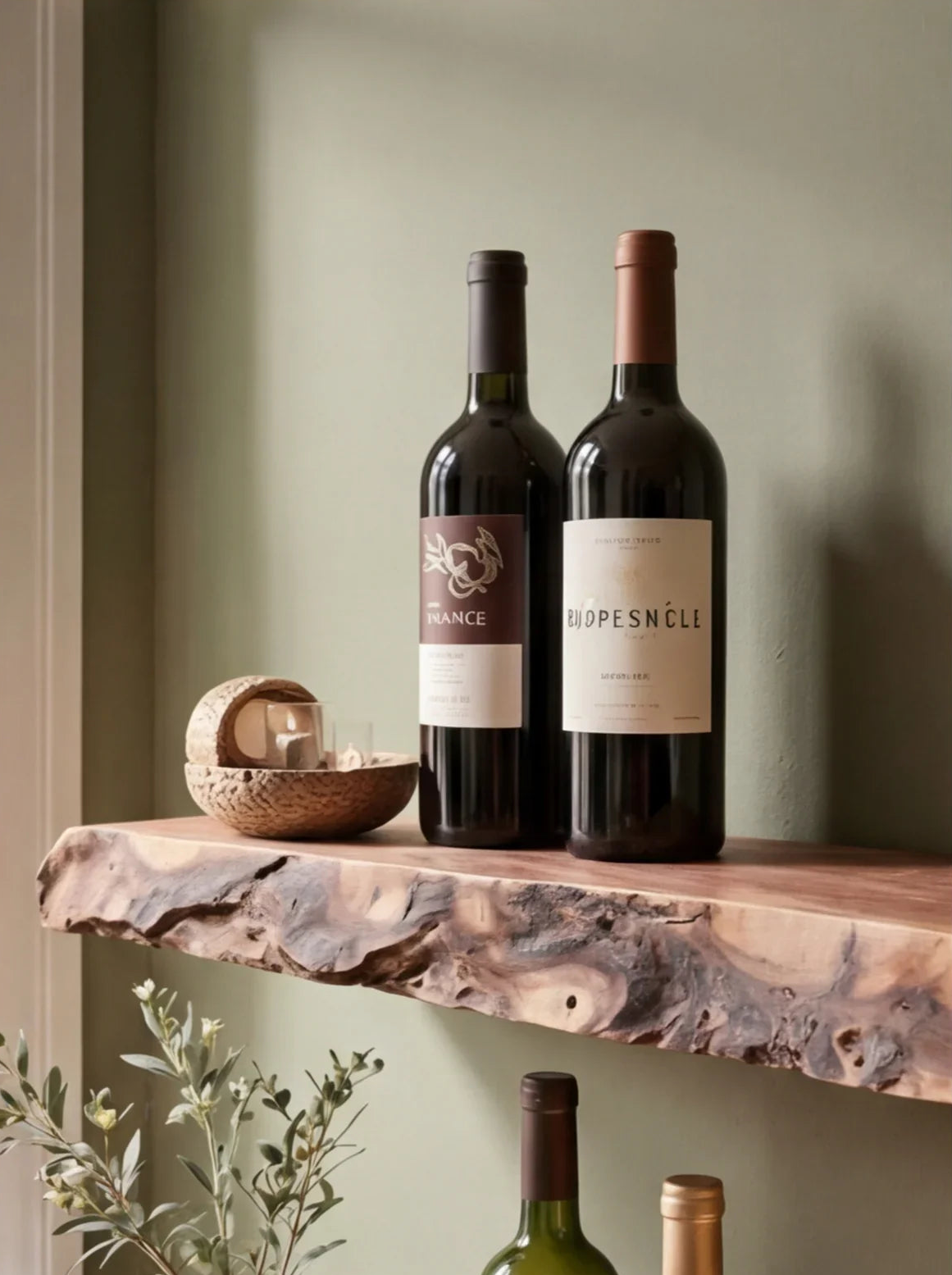 Live edge floating wood shelf with wine bottles and decor against a green wall