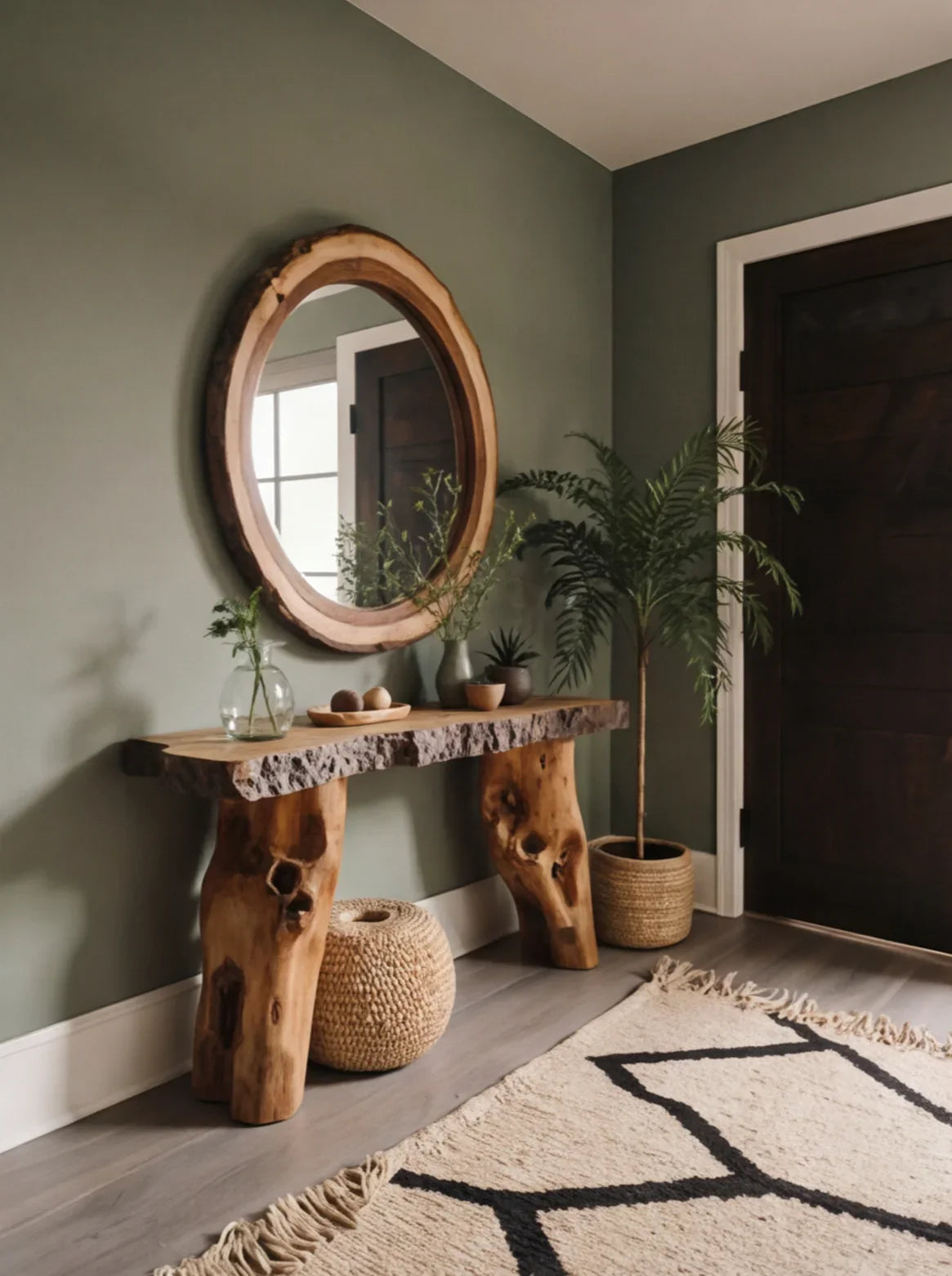 Live edge solid wood console table with round wood mirror and potted plants in entryway