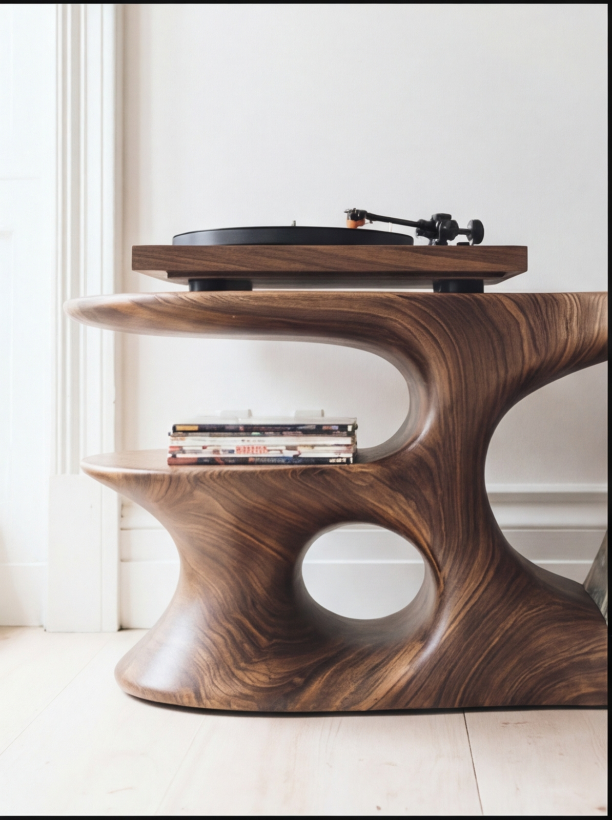 Sculptural solid wood table with turntable and vinyl records, modern organic design