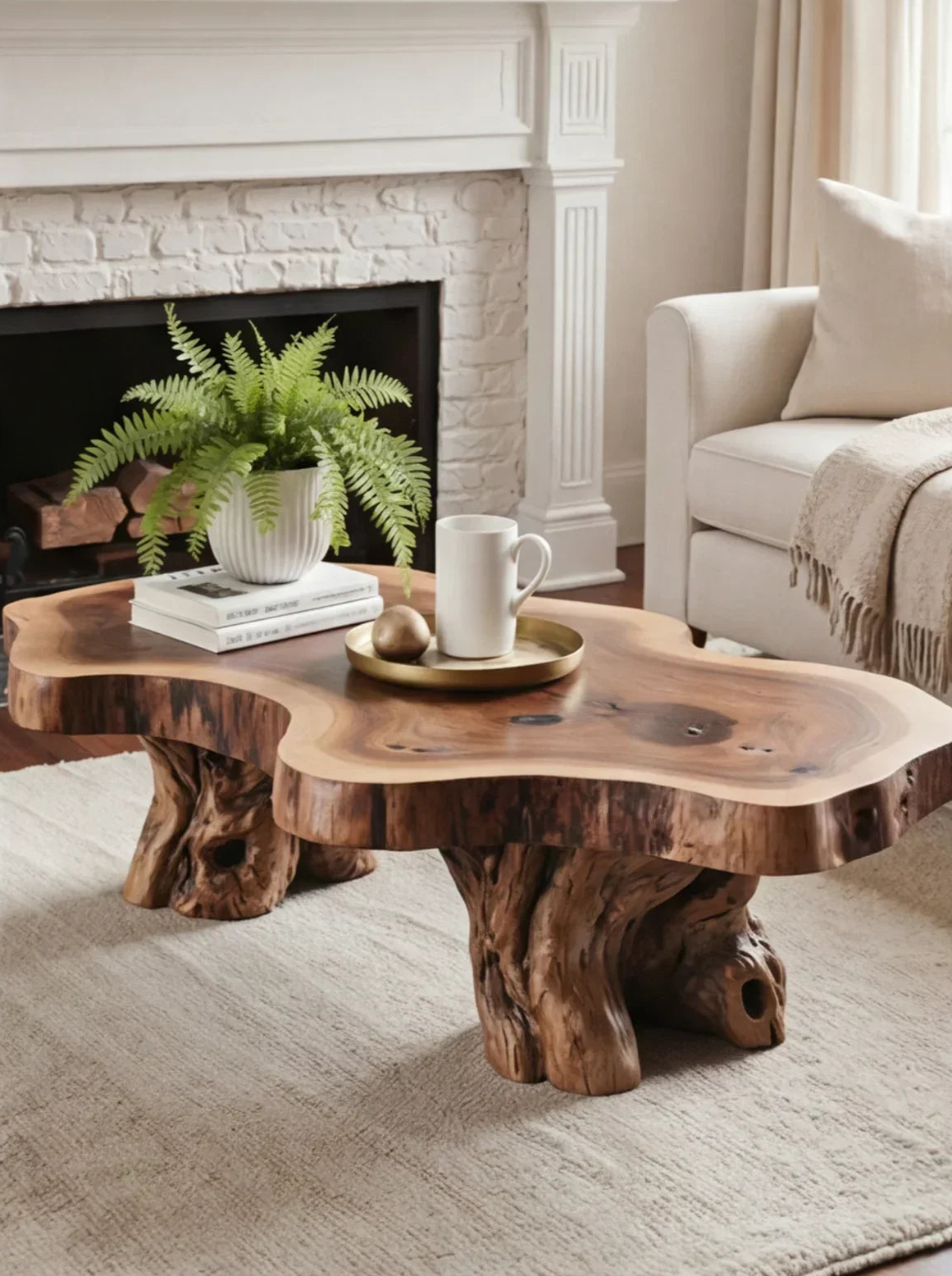 Live edge solid wood coffee table with natural finish in modern living room setting