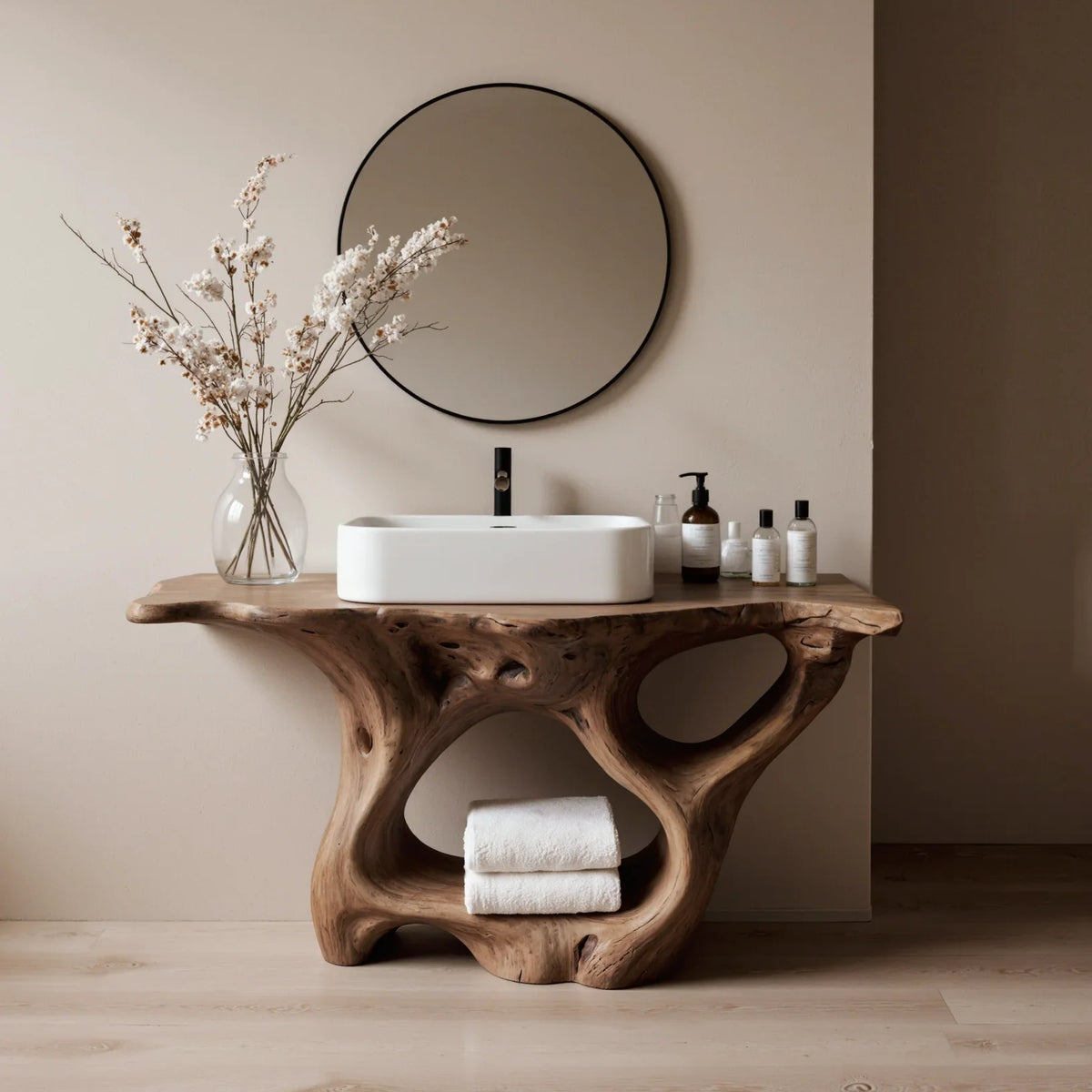 Farmhouse live edge floating bathroom vanity in solid wood by Ashdeco artisans