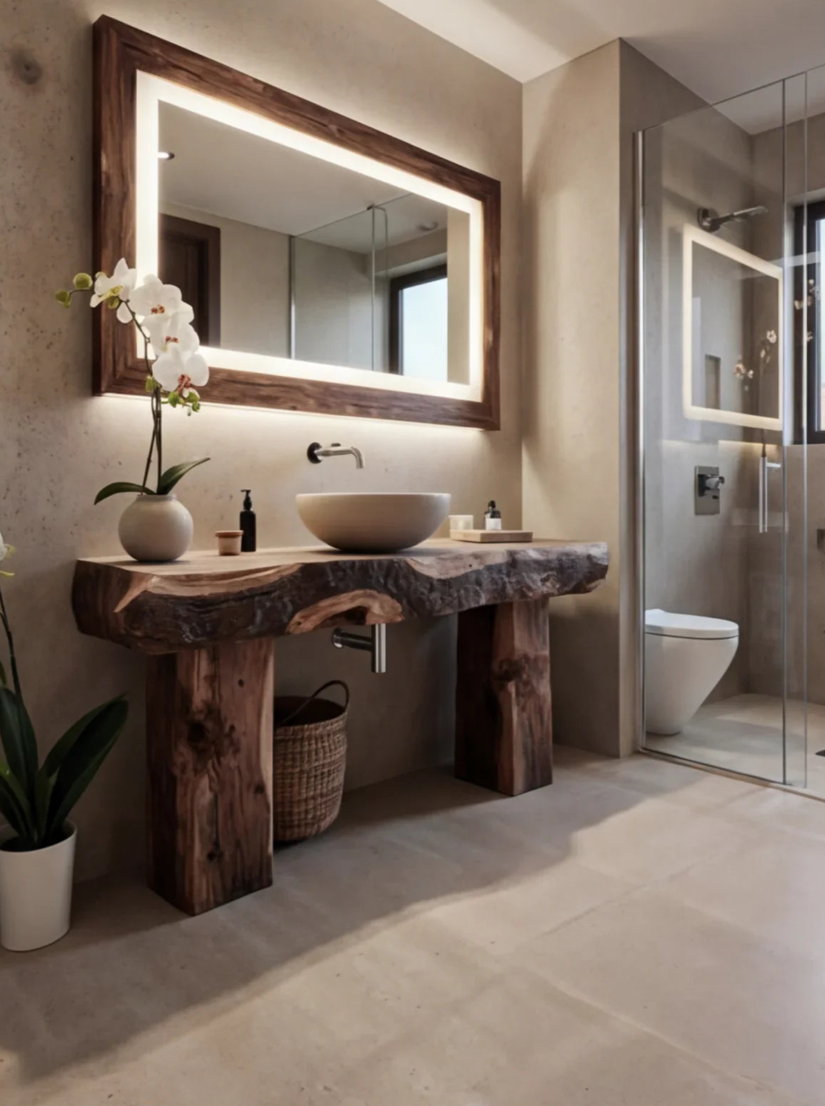Modern bathroom with a live edge solid wood vanity, vessel sink, large backlit mirror, and orchid decor.