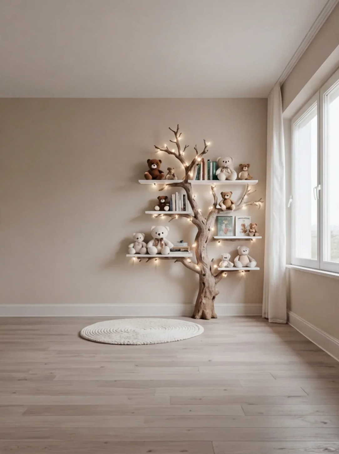Tree-shaped bookshelf with lights, stuffed animals, and books in a minimalist kids room