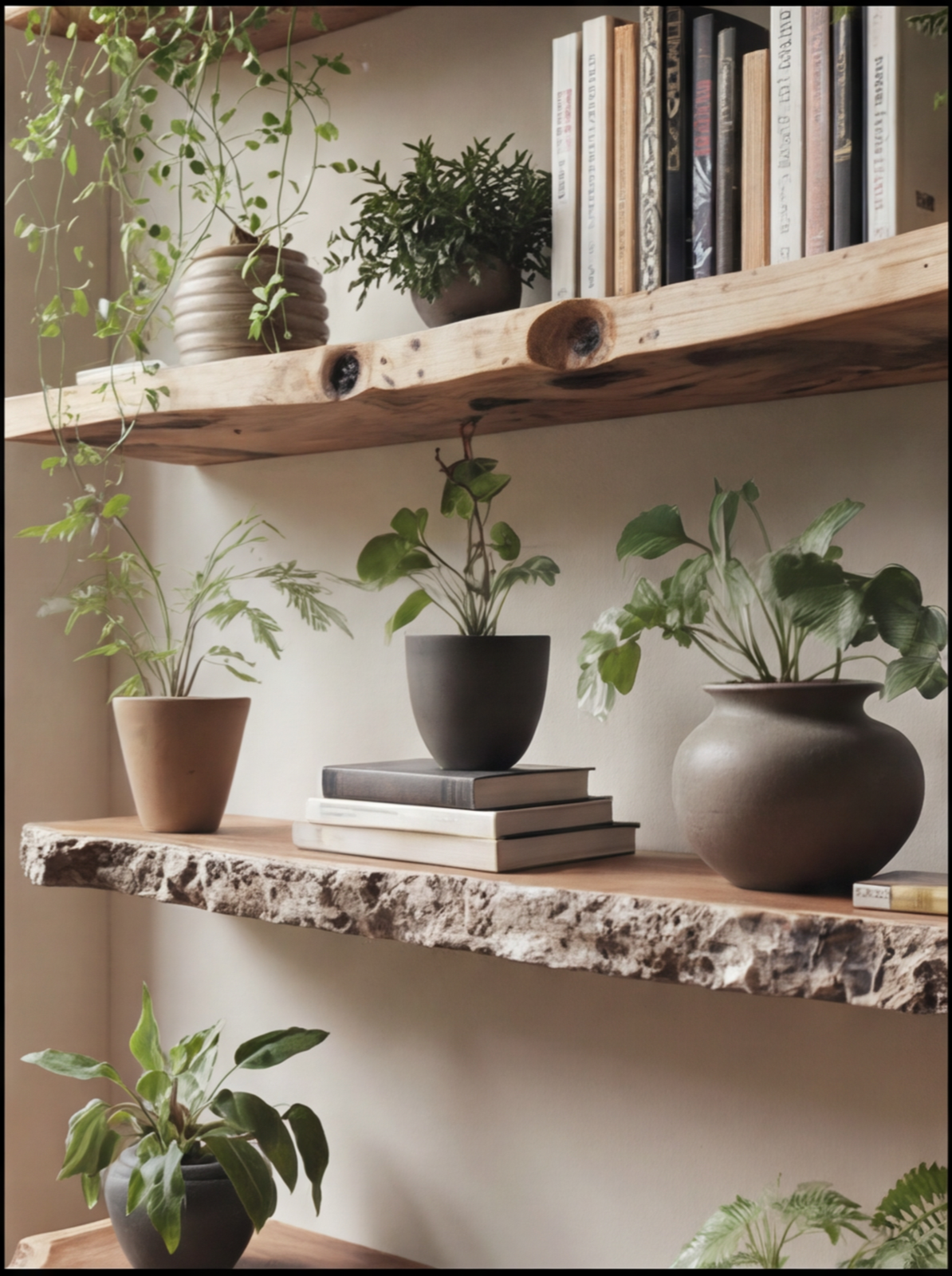 Live edge wooden floating shelves with potted plants, books, and a rustic decor style