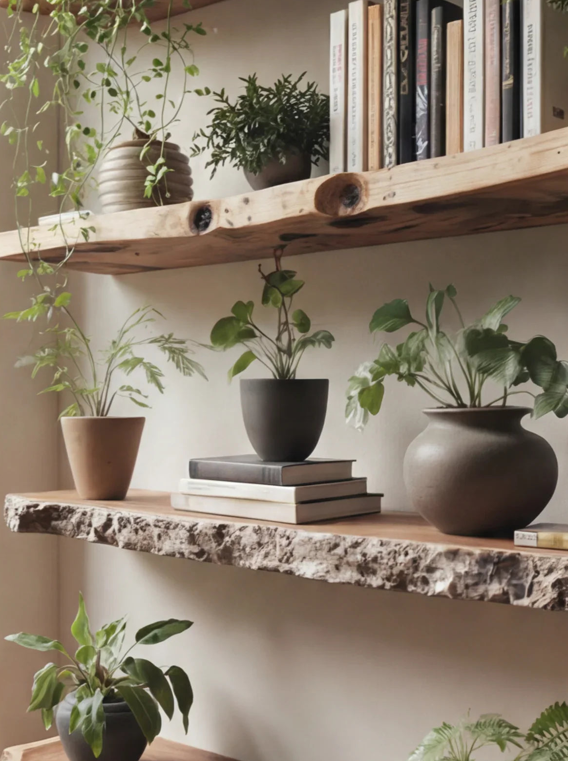 Live edge wooden floating shelves with potted plants, books, and a rustic decor style