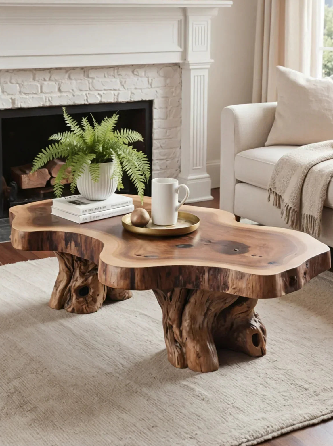 Live edge solid wood coffee table with natural tree base in a modern living room setting.