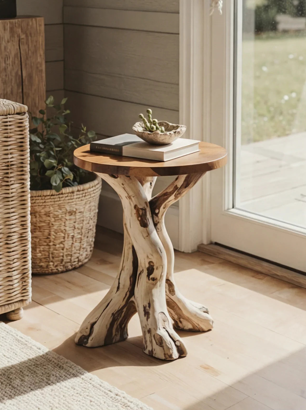 Live edge solid wood side table with unique twisted base, styled in bright modern room