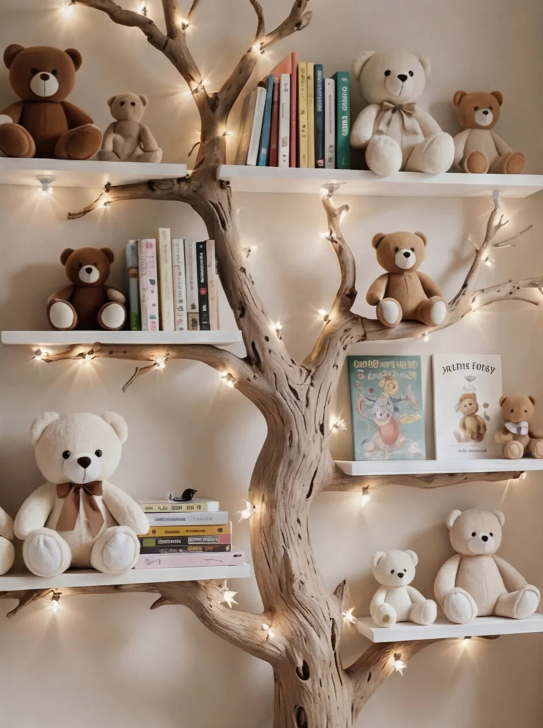 Tree-shaped bookshelf with teddy bears, books, and string lights, crafted solid wood