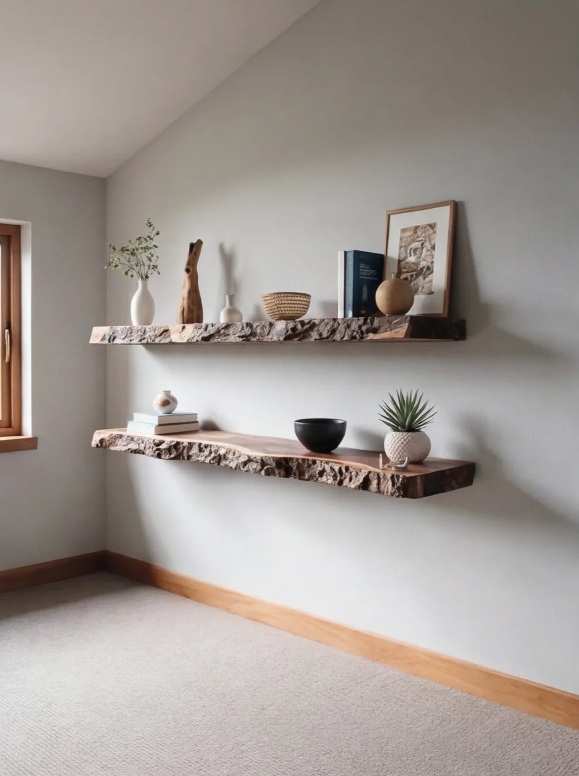 Live edge solid wood floating shelves on wall, styled with books, ceramics, and plants