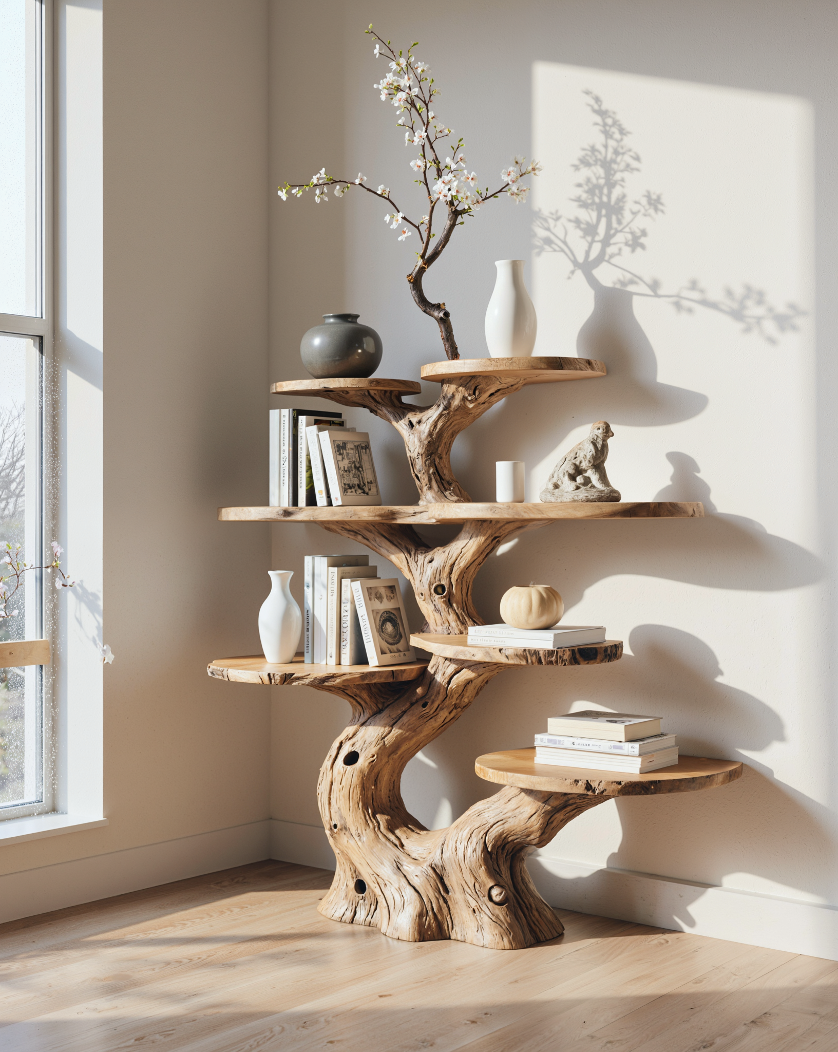 Live edge wooden tree bookshelf with books, vases, and decor in a sunlit room