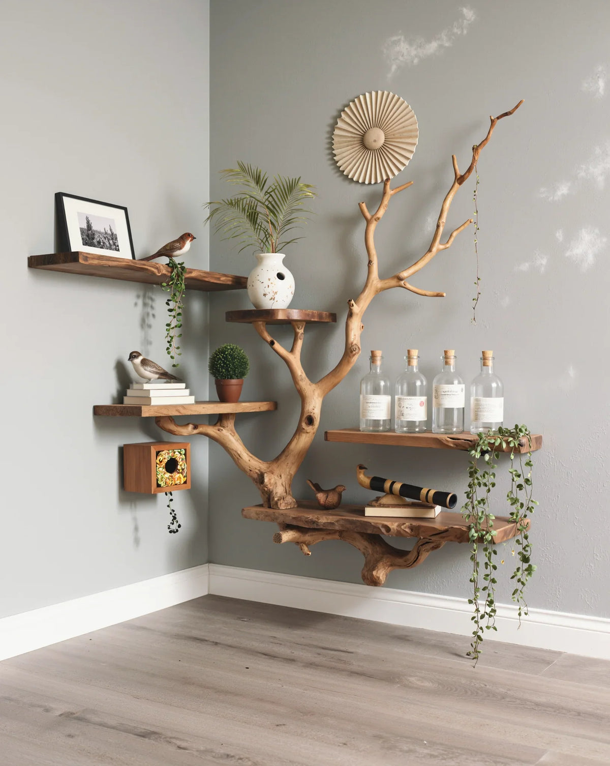 Live edge wooden tree bookshelf with floating shelves, decor, greenery, and modern wall art.