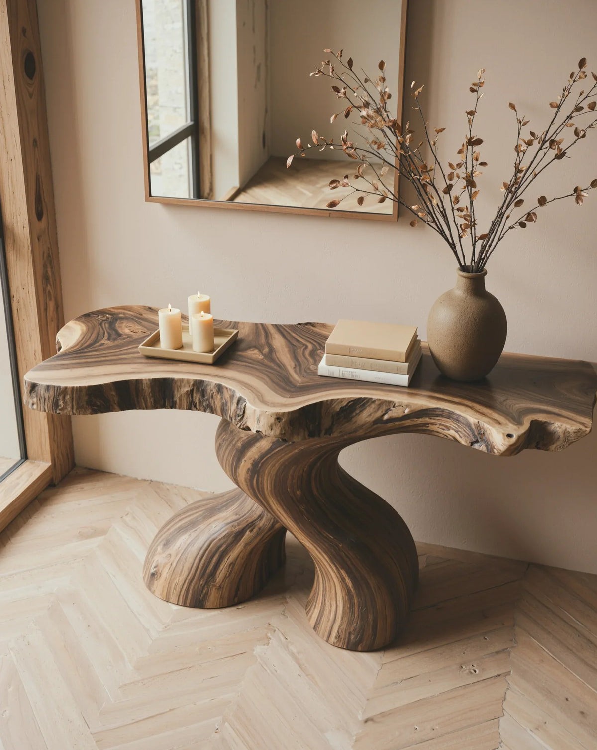 Live edge solid wood console table with sculpted base, candles, books, and ceramic vase.