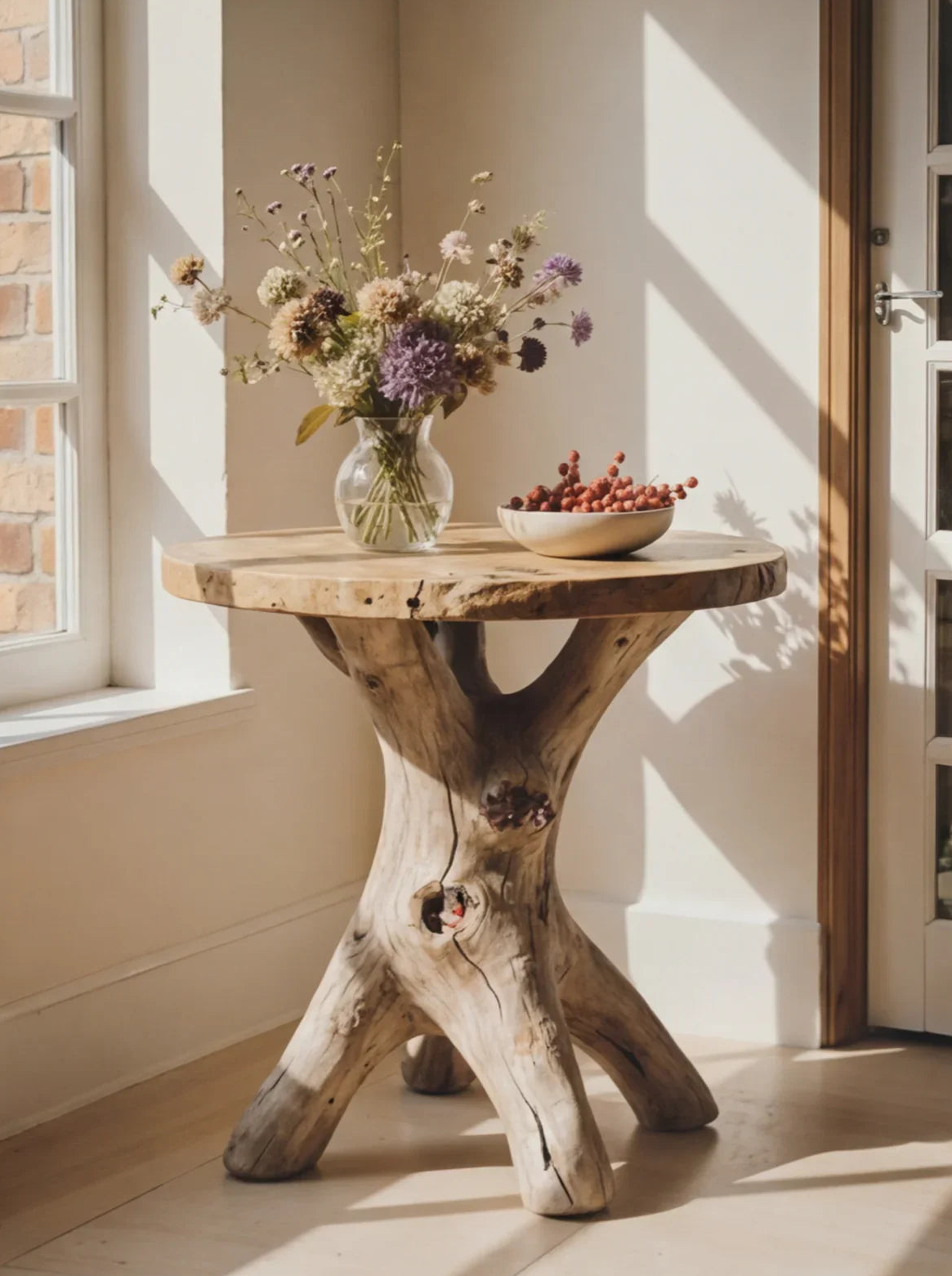 Live edge solid wood round table with unique natural base, vase of dried flowers, and bowl of berries by a sunlit window.