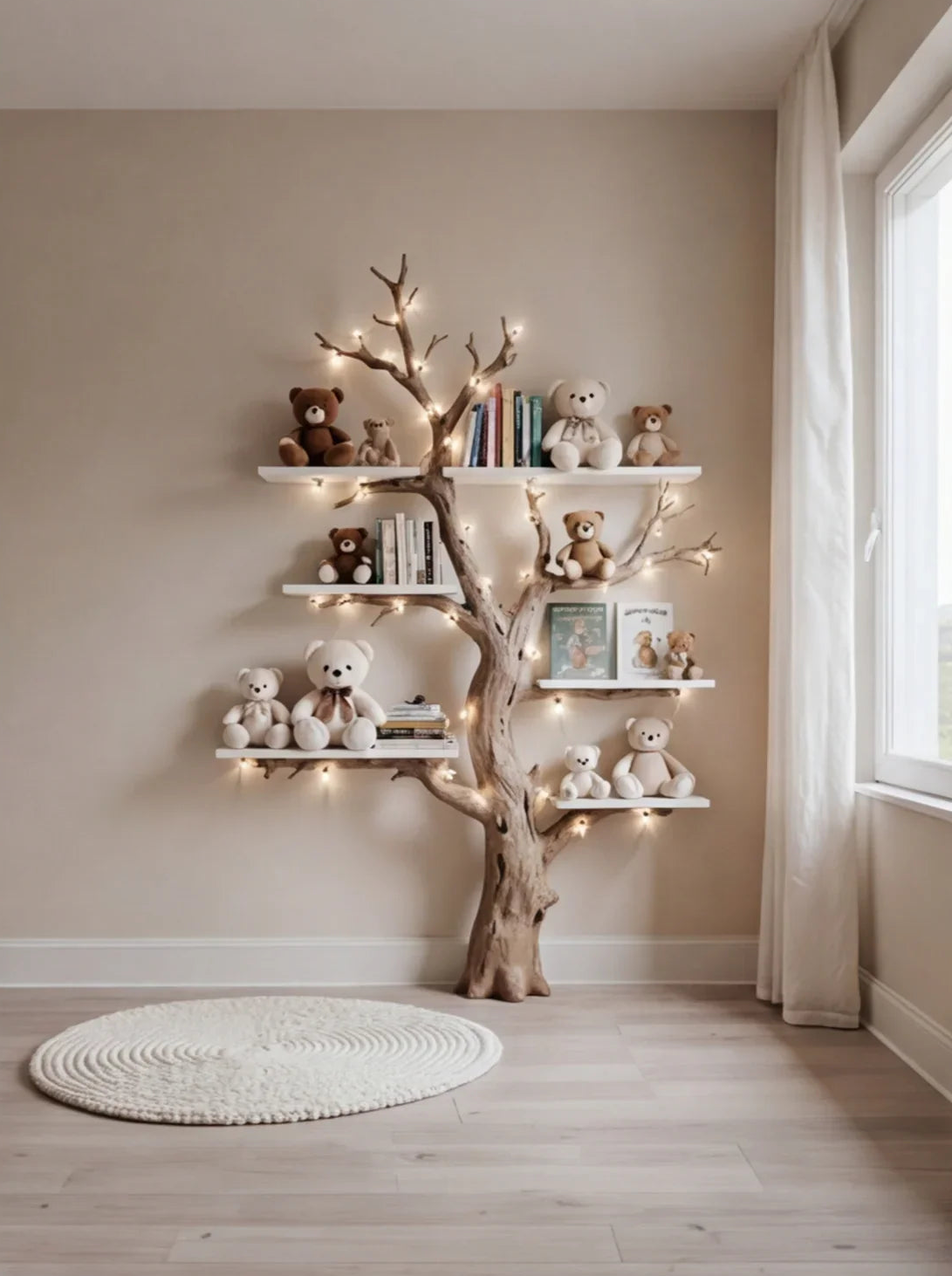 Tree-shaped bookshelf with fairy lights, teddy bears, and books in a cozy children's room.