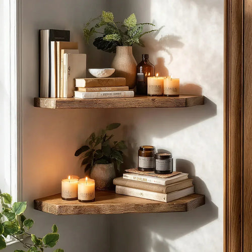 Rustic Corner Floating Shelf – Solid Wood Wall Shelf for Books, Plants & Home Decor