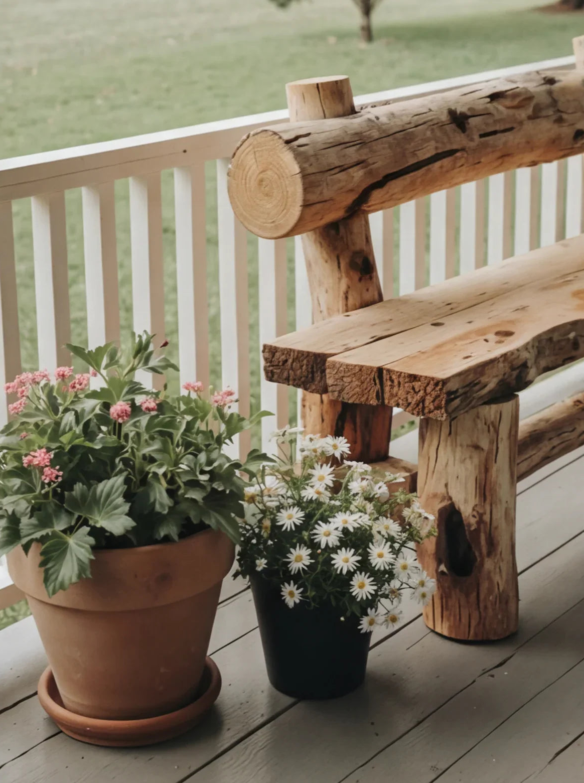 Rustic live edge wooden bench on porch with potted flowers and log detail