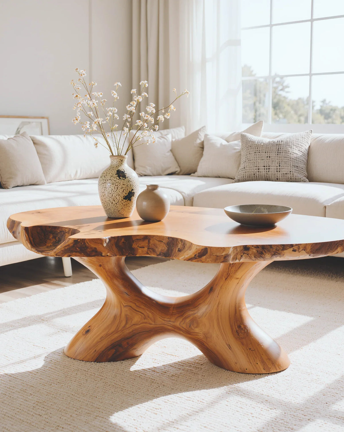 Live edge solid wood coffee table in modern living room with sculpted base, vases, sunlight.