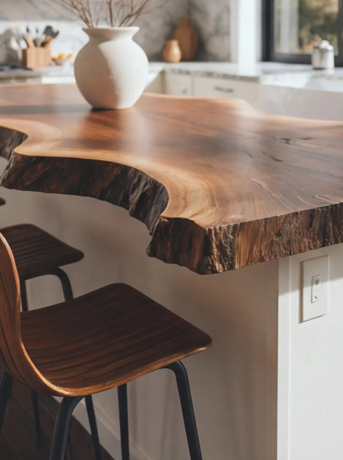 Live edge solid wood kitchen island table with natural finish and two wooden bar stools