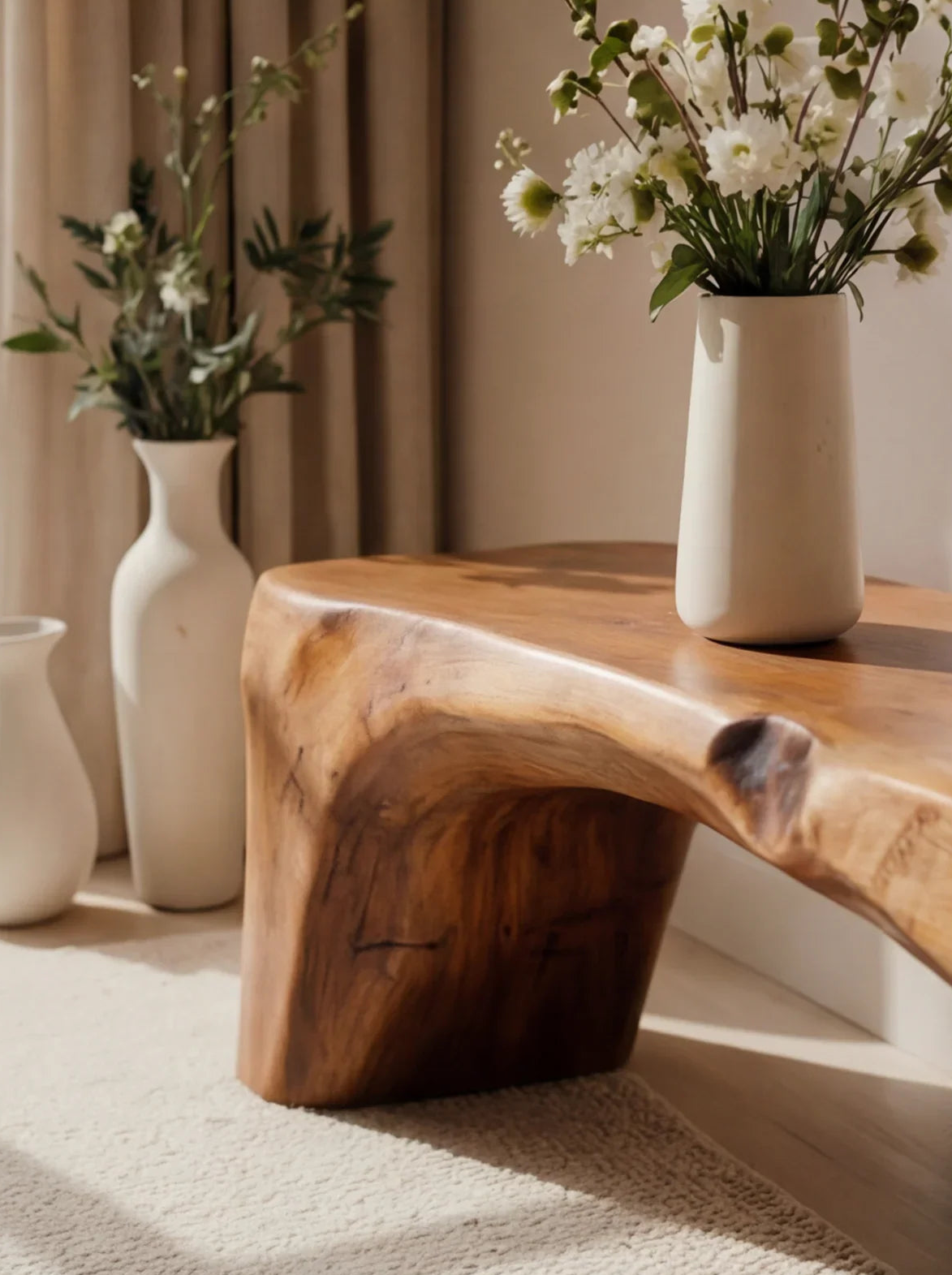 Live edge solid wood coffee table with vases and flowers in a sunlit, minimalist room