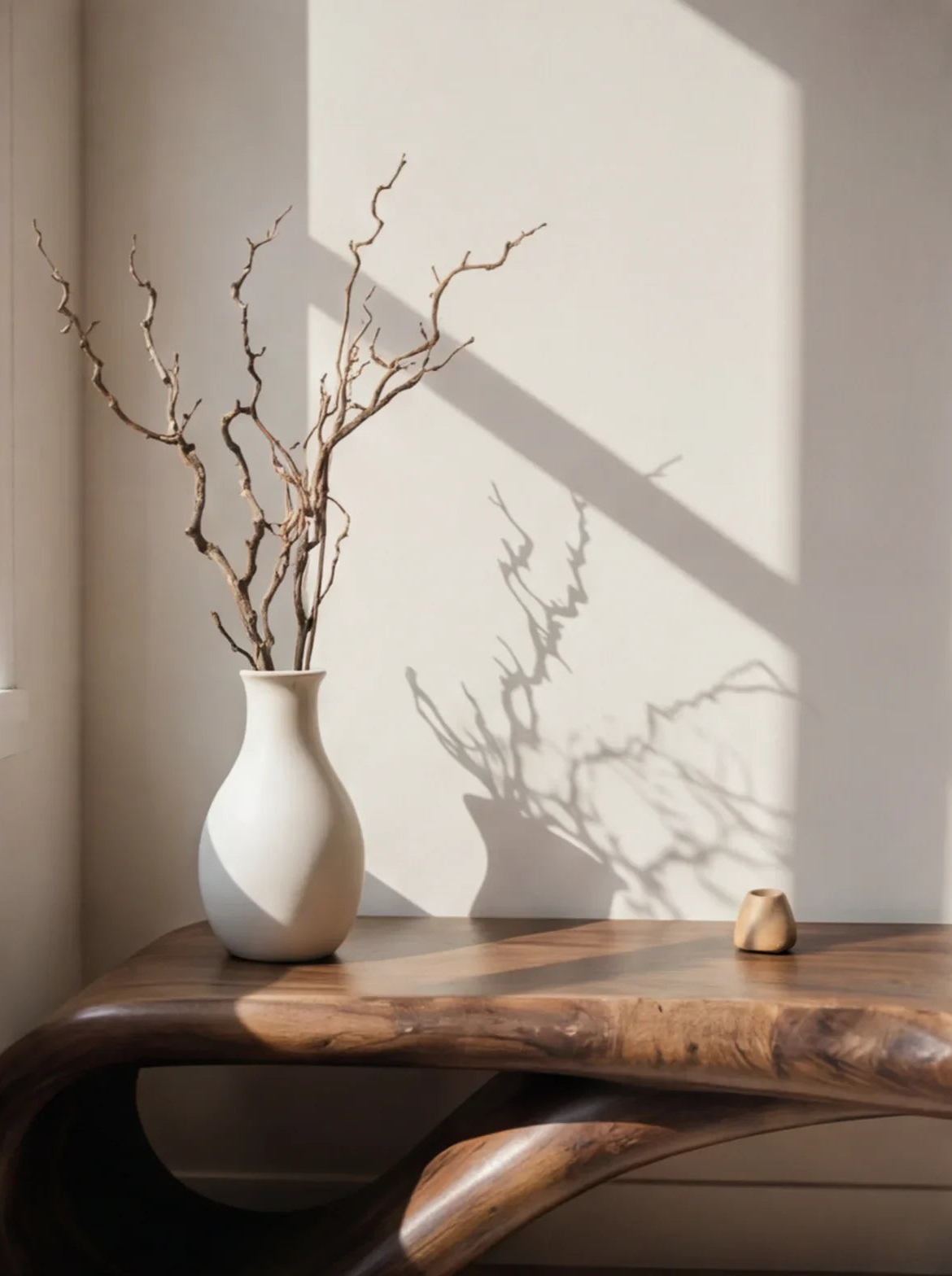 Curved live edge solid wood table with ceramic vase and minimalist decor in sunlight