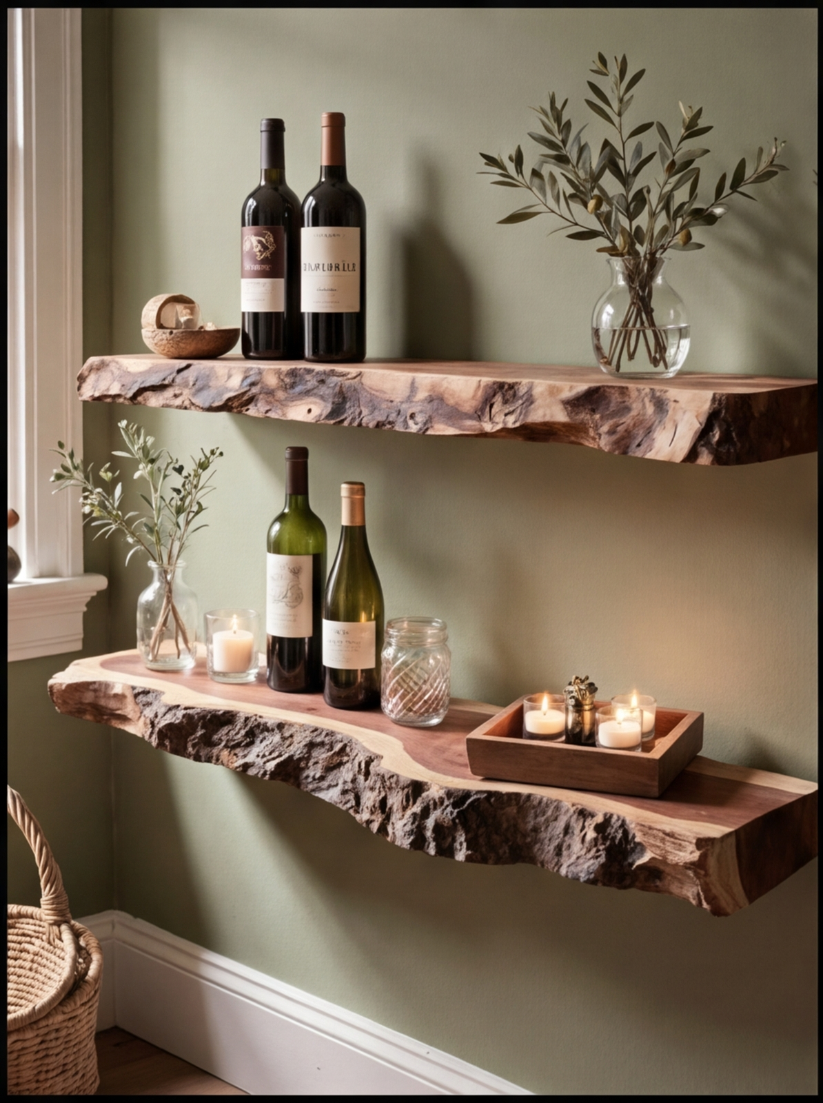 Live edge floating wood shelves with candles, wine bottles, and vases on a sage wall