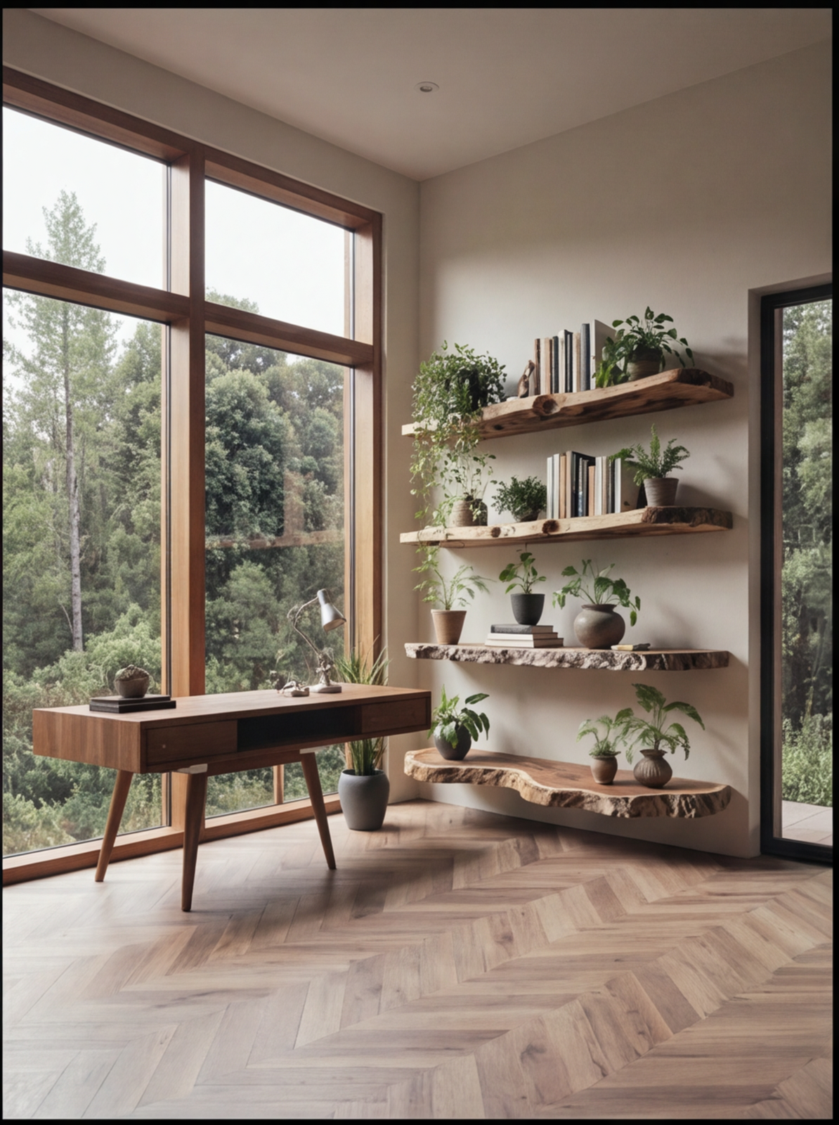 Modern room with live edge wooden floating shelves, potted plants, books, and a solid wood desk by large windows.