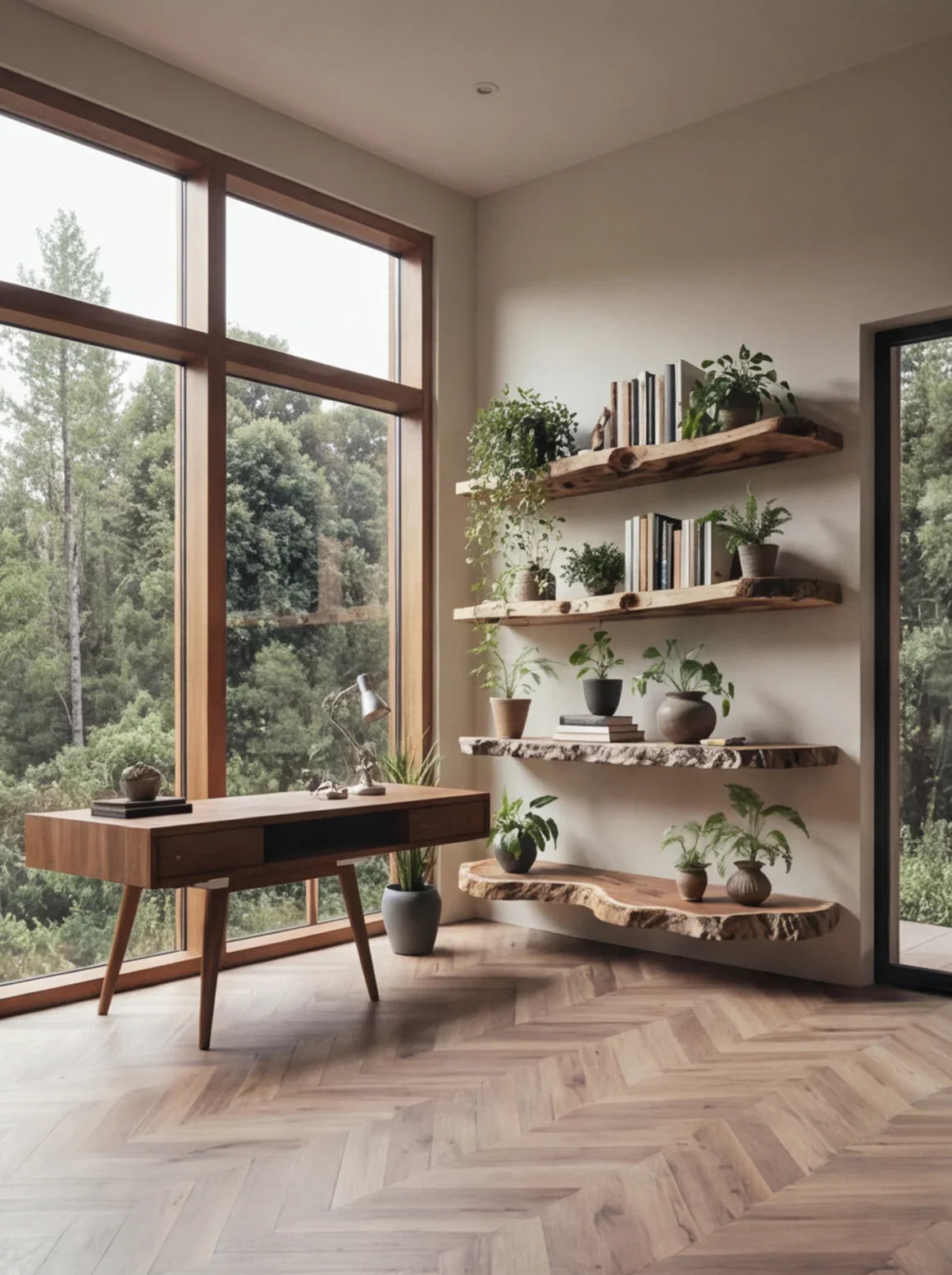 Modern room with live edge wooden floating shelves, potted plants, books, and a solid wood desk by large windows.