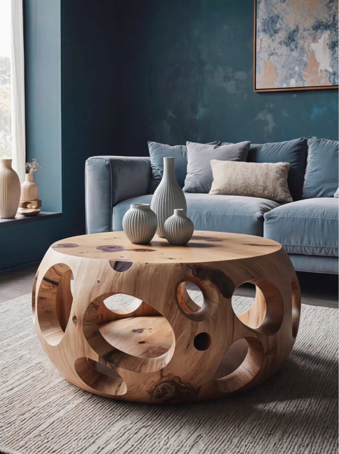 Sustainably crafted round live edge wood coffee table with circular cutouts in modern living room