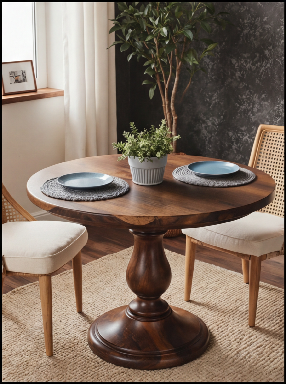 Solid wood round dining table with pedestal base, set for two, in a cozy, modern room