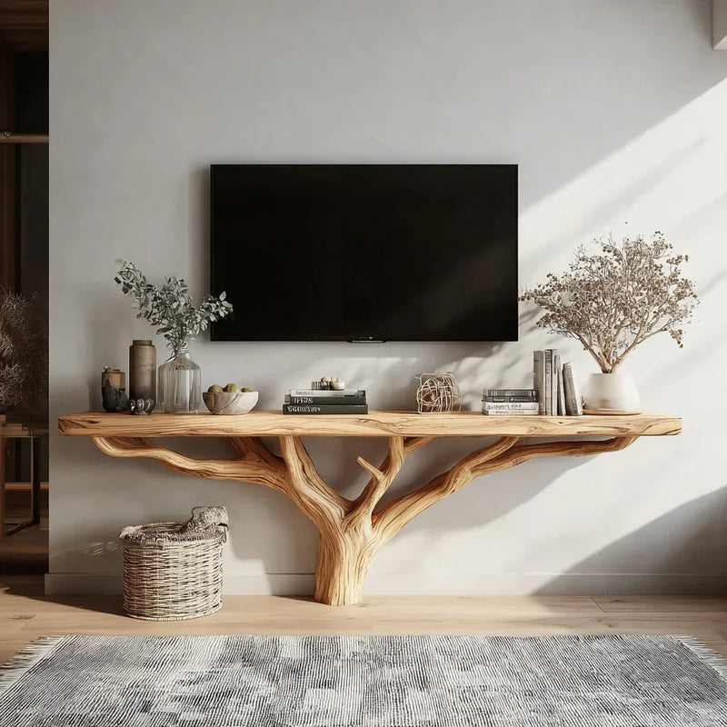 Live edge wood console table with tree branch base under wall-mounted TV, styled with decor and books.