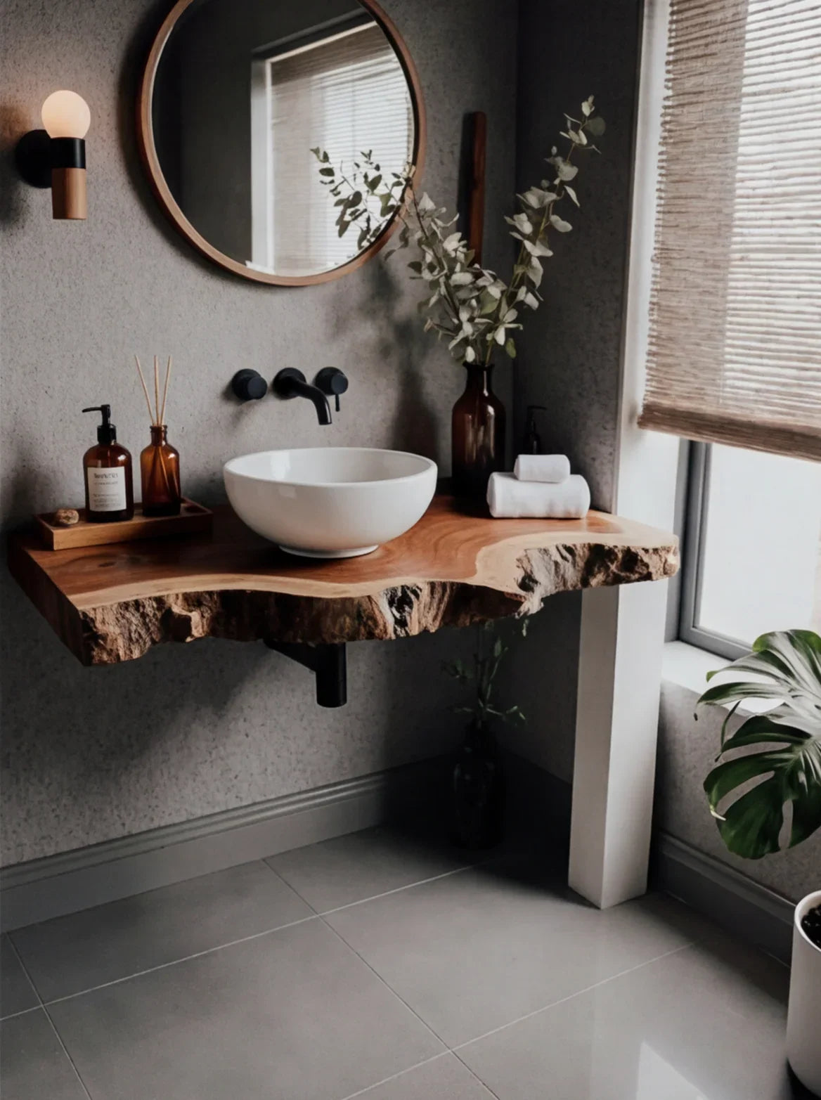 Live edge wood bathroom vanity with vessel sink, round mirror, and modern decor