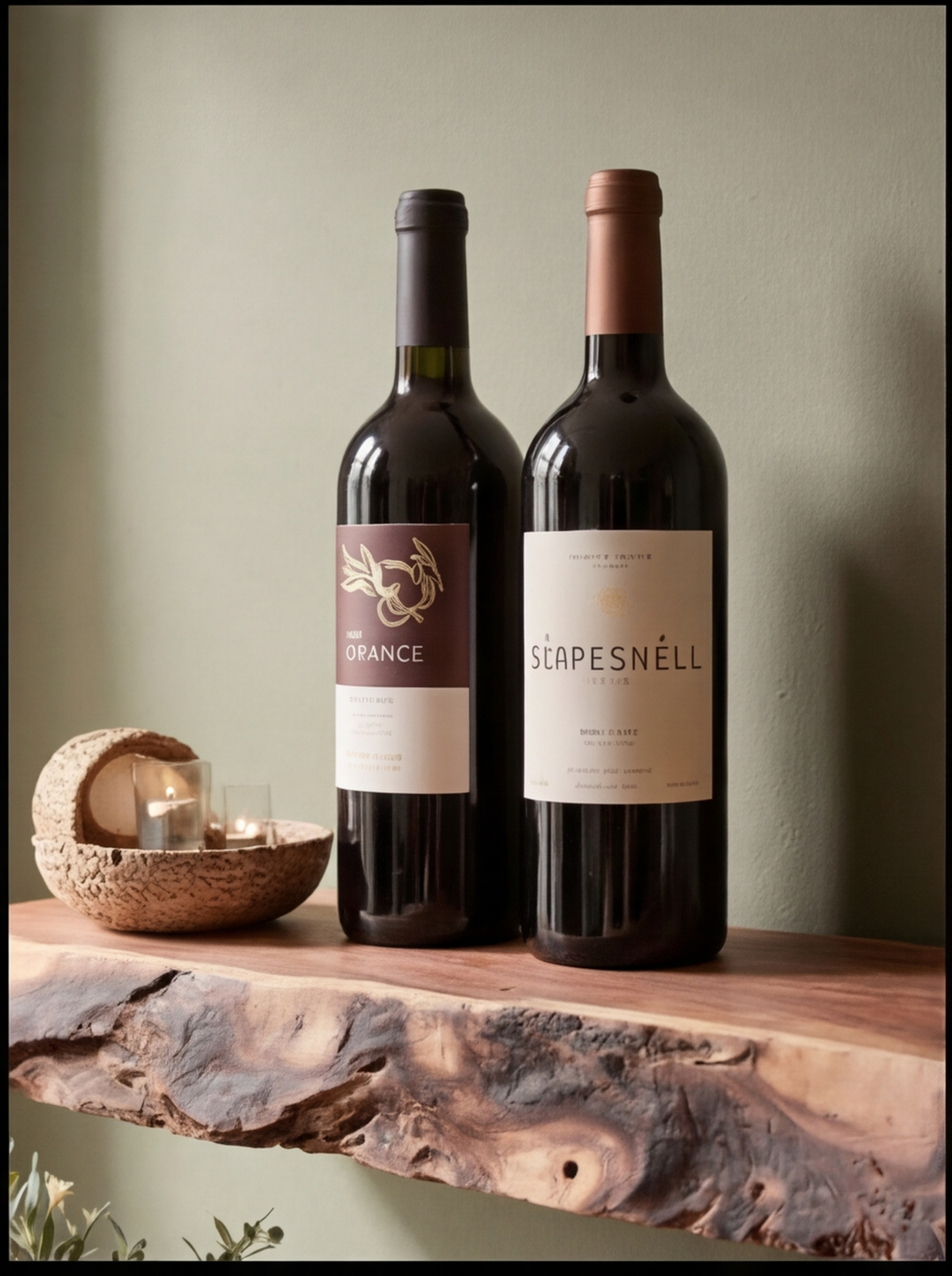 Two wine bottles and candles on a live edge solid wood floating shelf against a green wall
